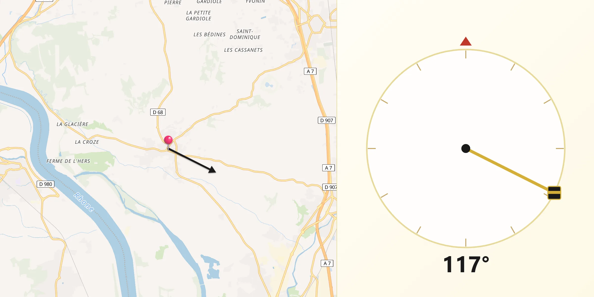 Direction vers la Qibla depuis Châteauneuf-du-Pape