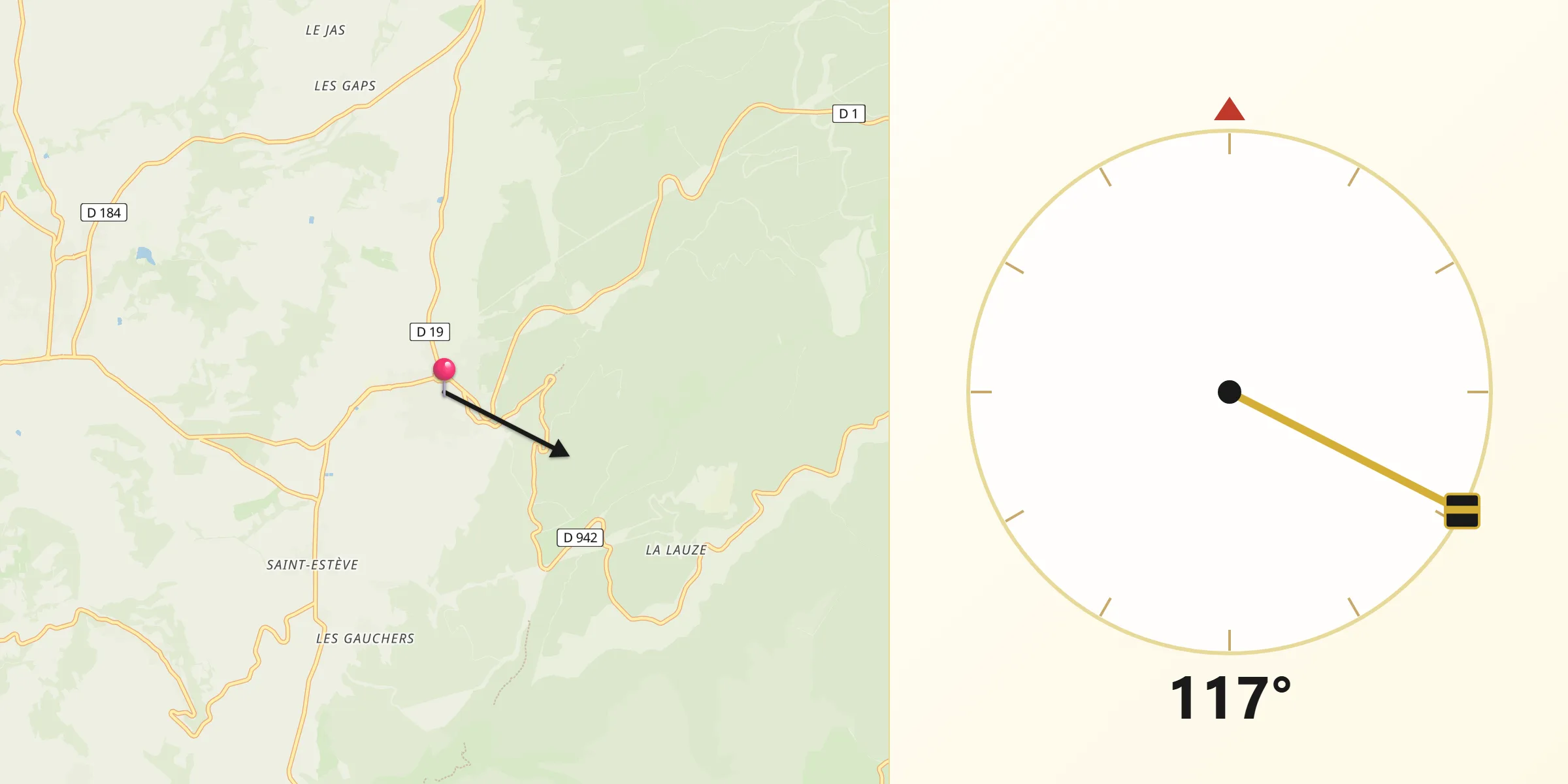 Direction vers la Qibla depuis Villes-sur-Auzon