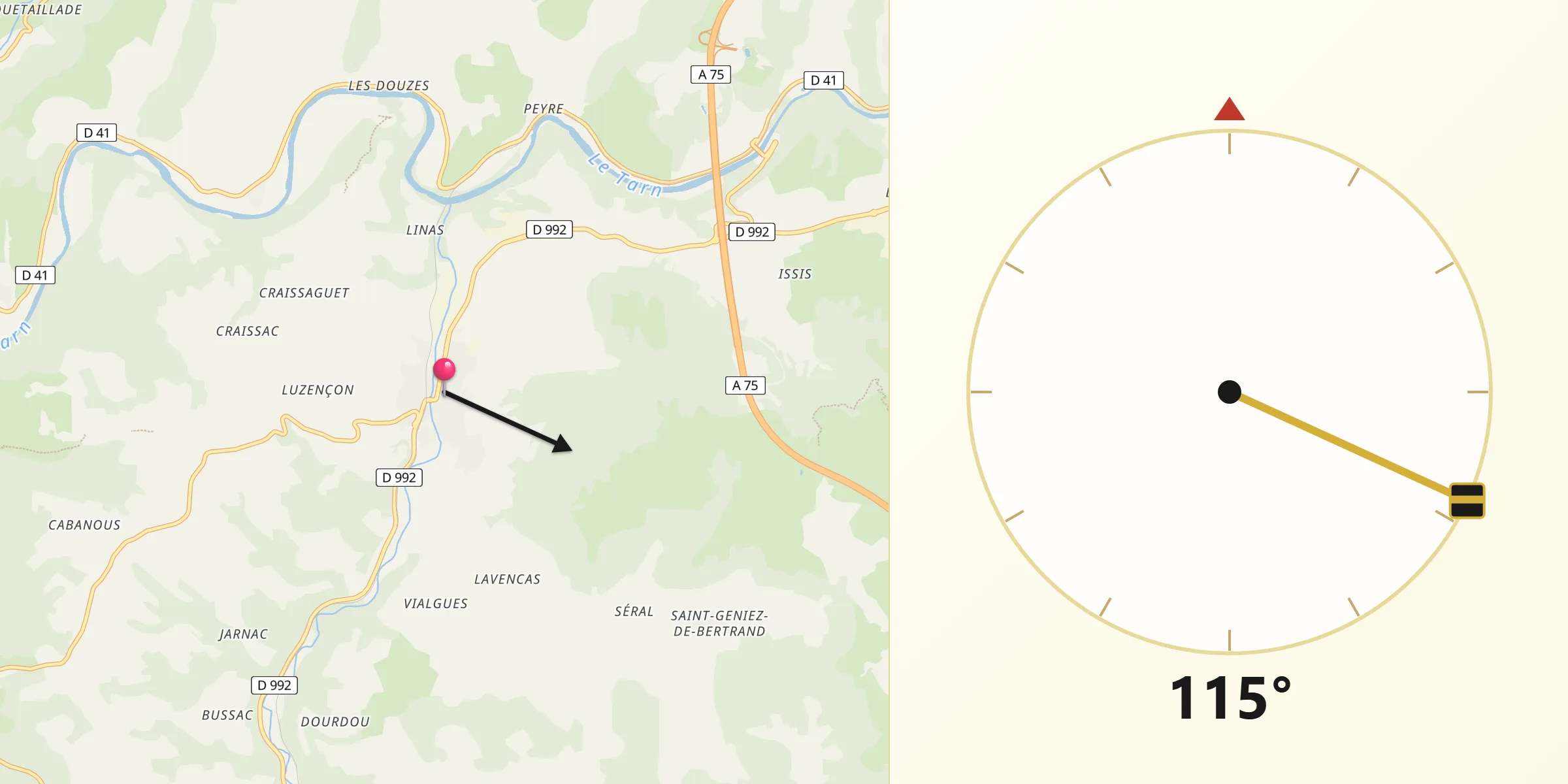 Direction vers la Qibla depuis Saint-Georges-de-Luzençon