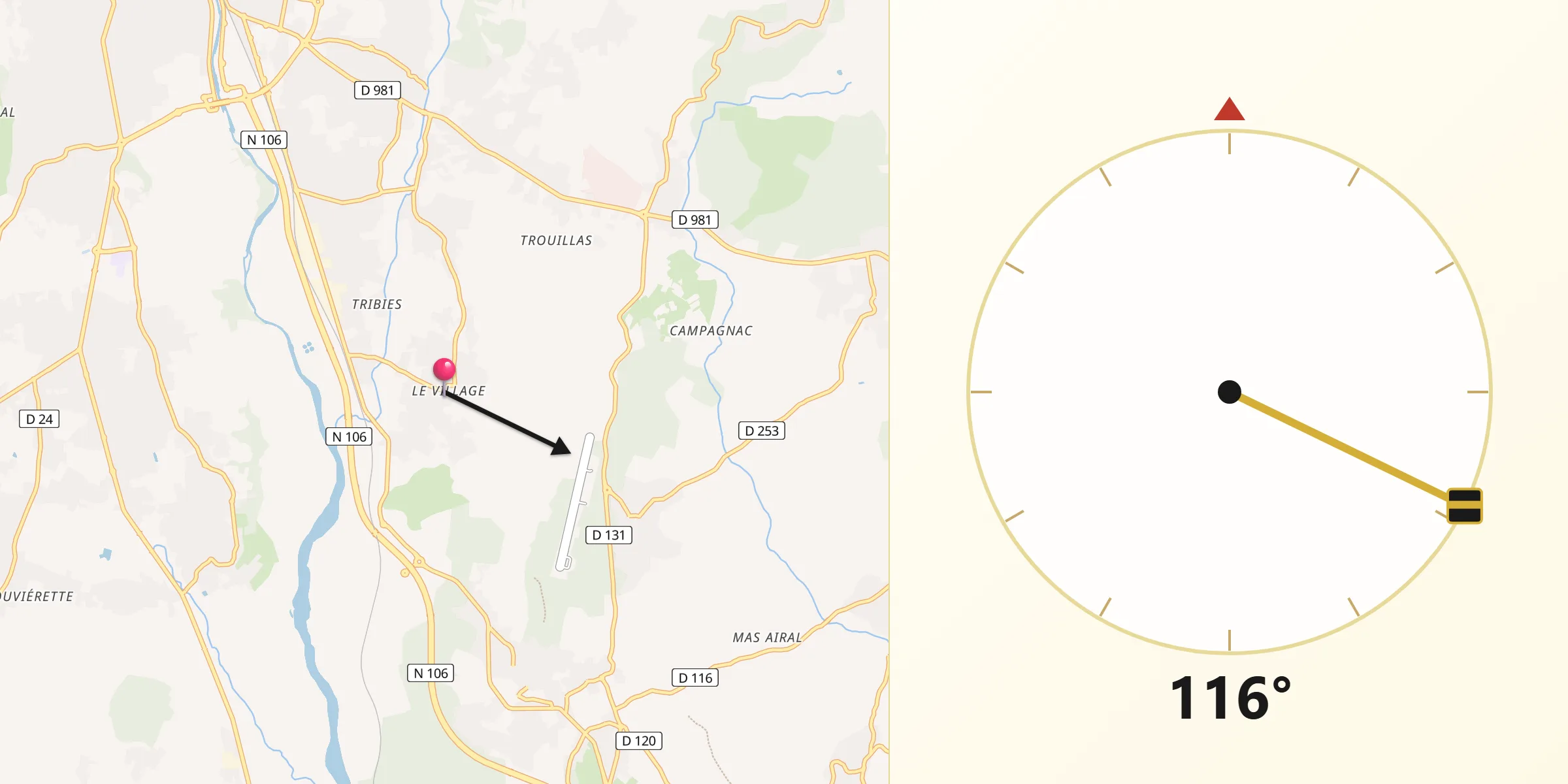 Direction vers la Qibla depuis Saint-Hilaire-de-Brethmas
