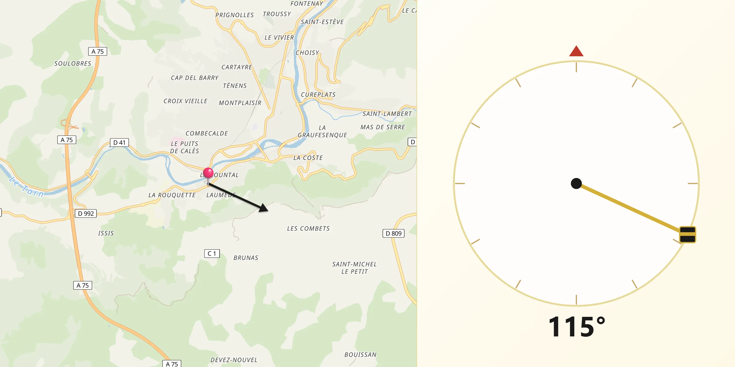Direction vers la Qibla depuis Creissels