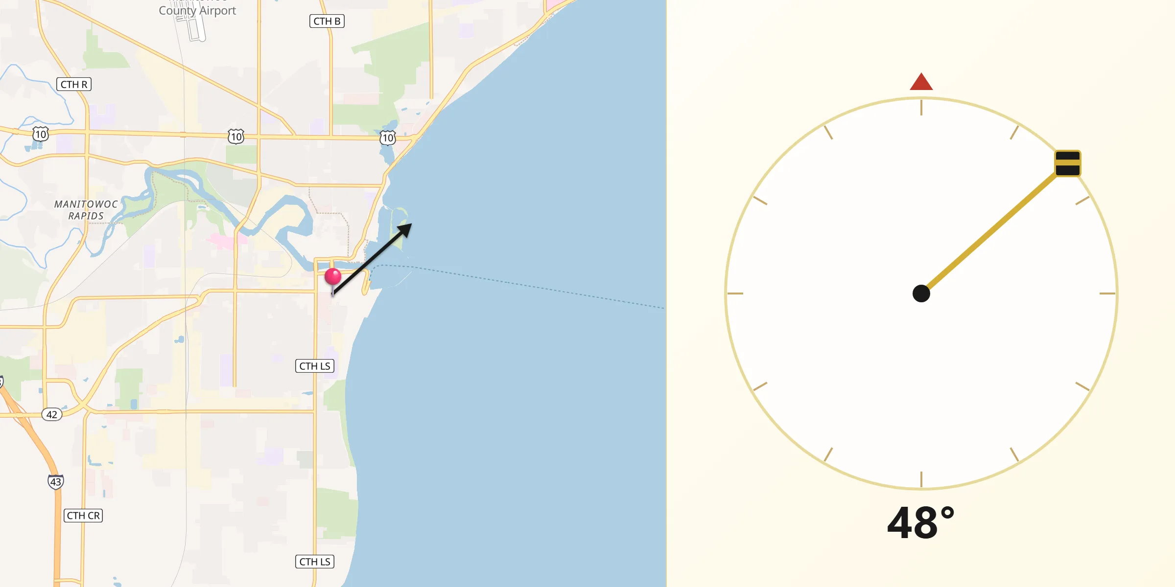 Qibla Direction from Manitowoc