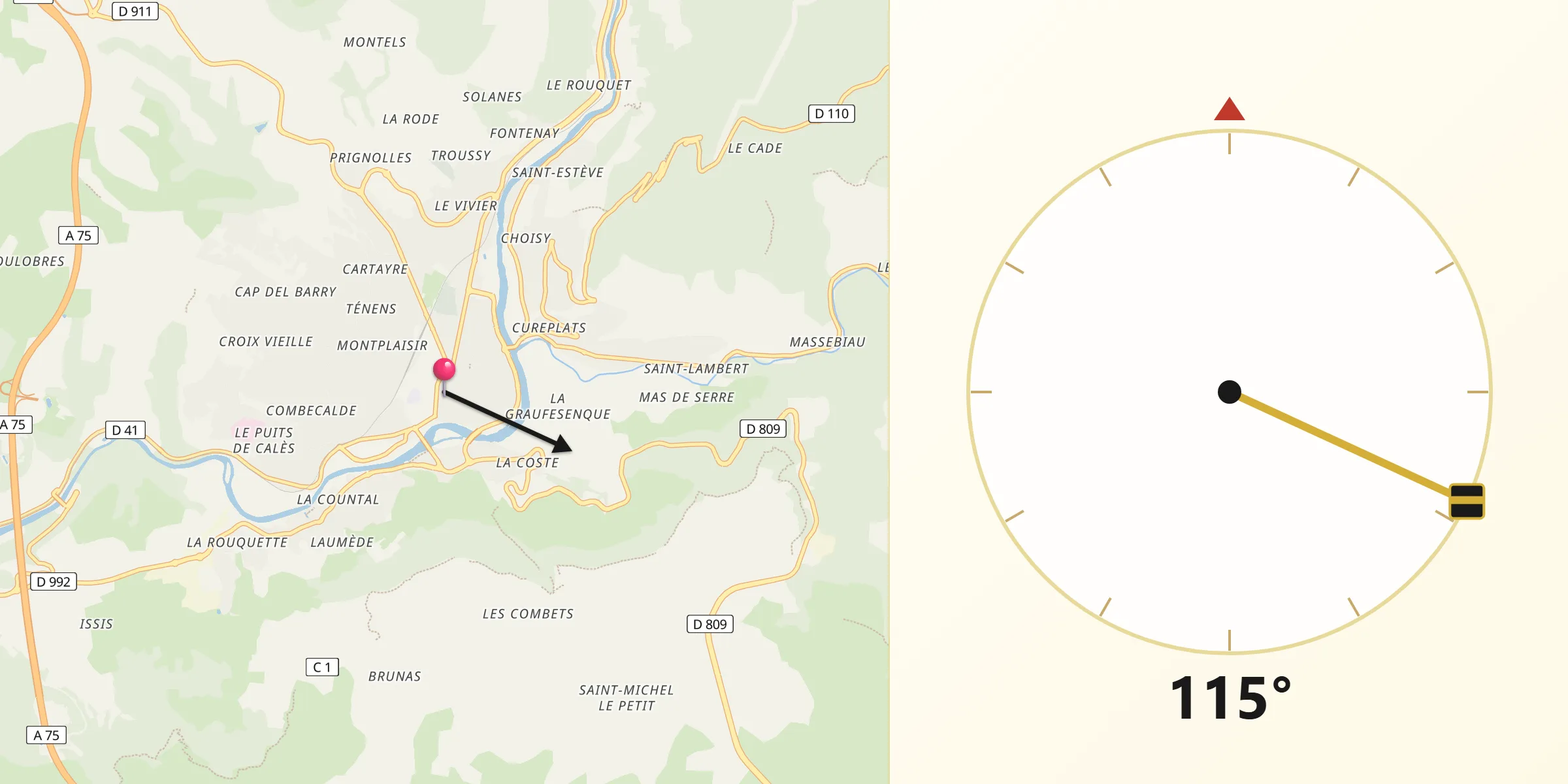 Direction vers la Qibla depuis Millau