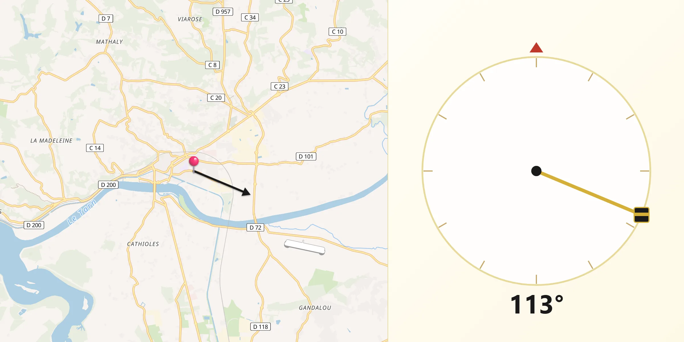 Direction vers la Qibla depuis Moissac