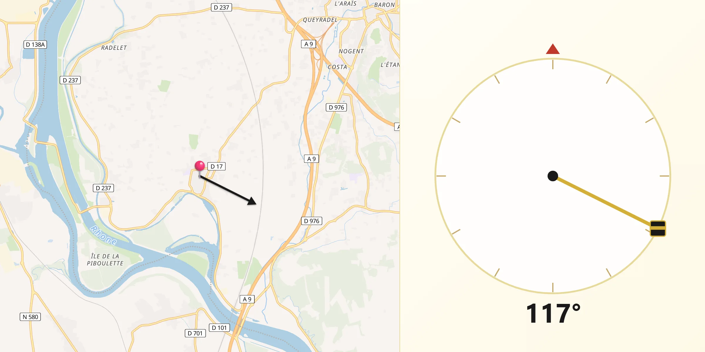 Direction vers la Qibla depuis Caderousse