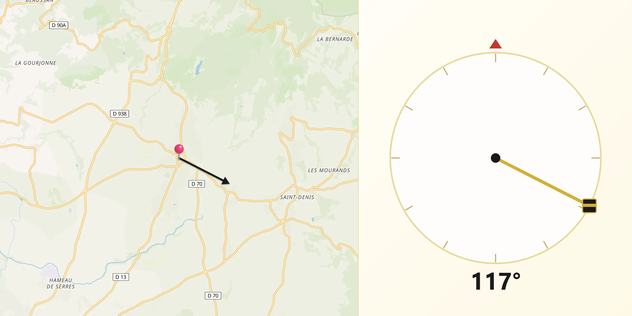 Direction vers la Qibla depuis Caromb