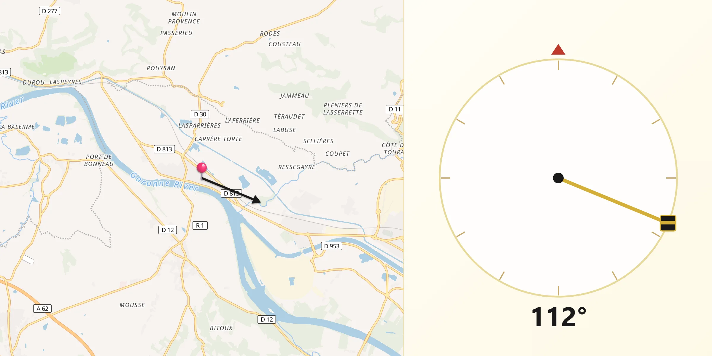 Direction vers la Qibla depuis Lamagistère