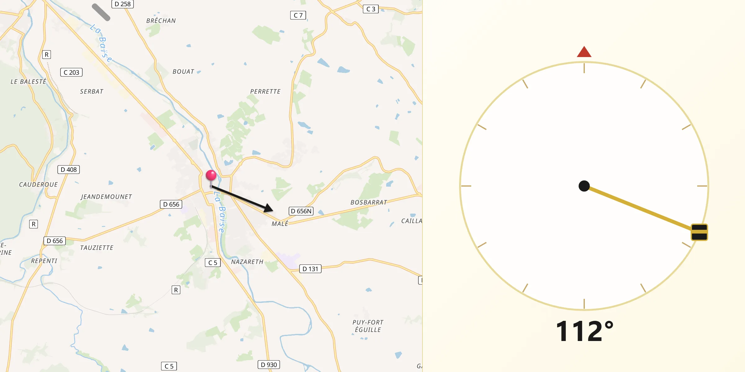 Direction vers la Qibla depuis Nérac
