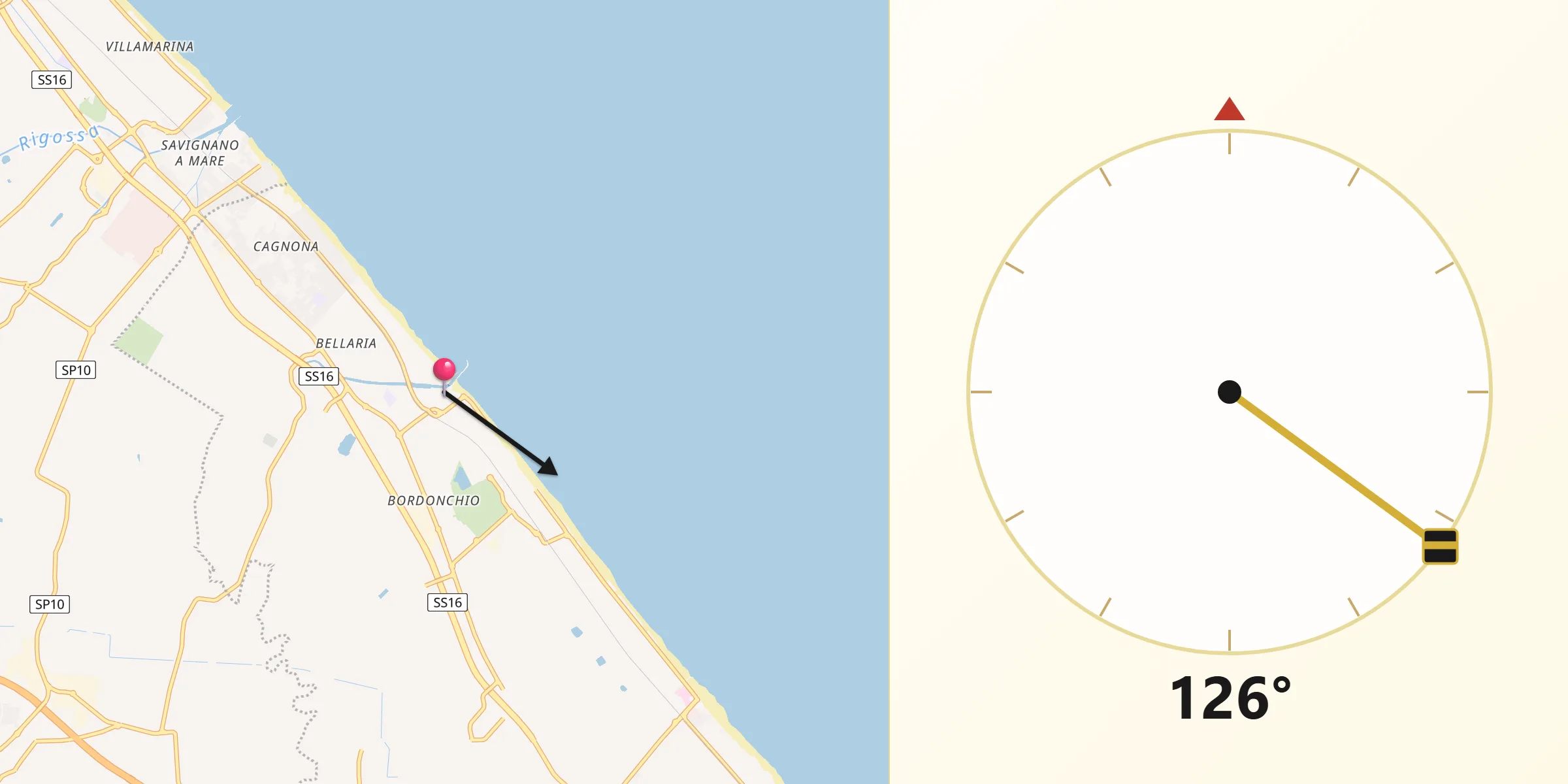 Direzione della Qibla da Bellaria-Igea Marina