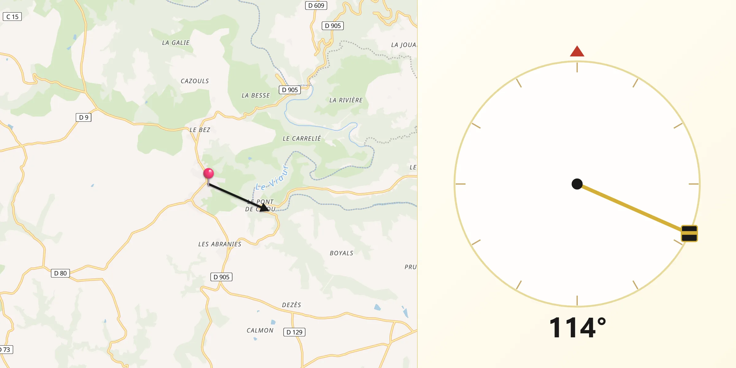 Direction vers la Qibla depuis Mirandol-Bourgnounac