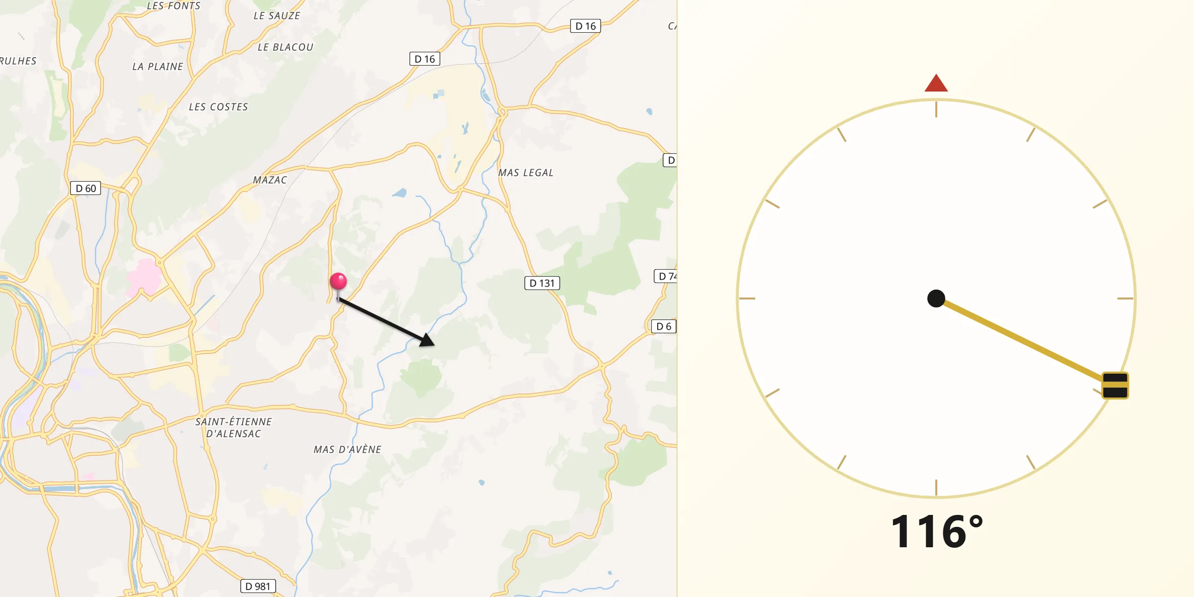Direction vers la Qibla depuis Saint-Privat-des-Vieux