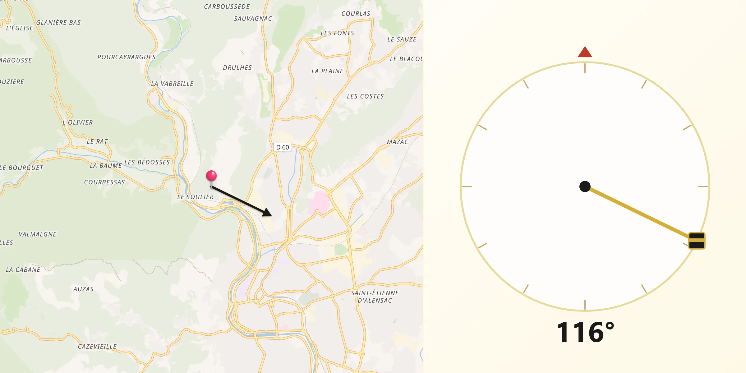 Direction vers la Qibla depuis Cendras