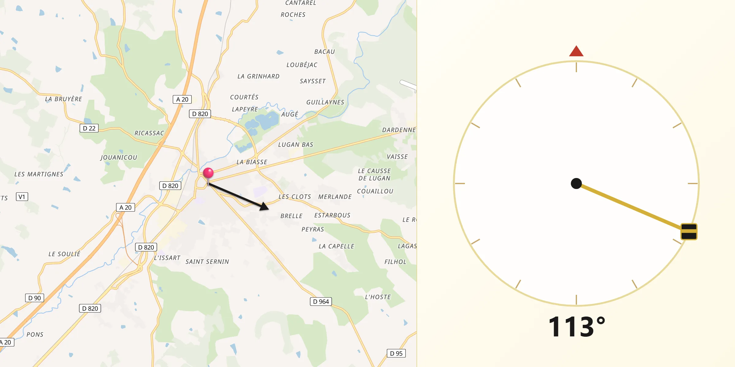 Direction vers la Qibla depuis Caussade