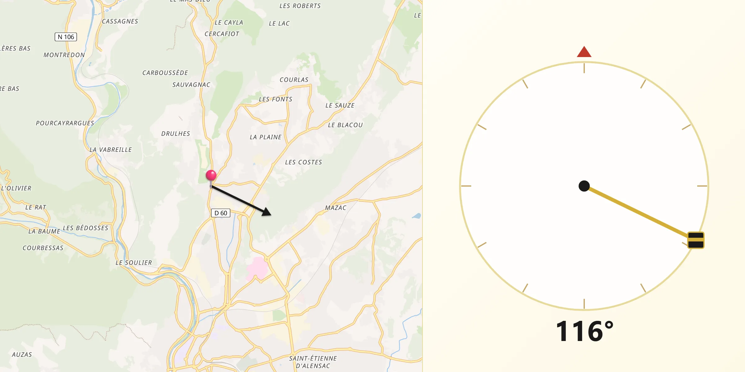 Direction vers la Qibla depuis Saint-Martin-de-Valgalgues