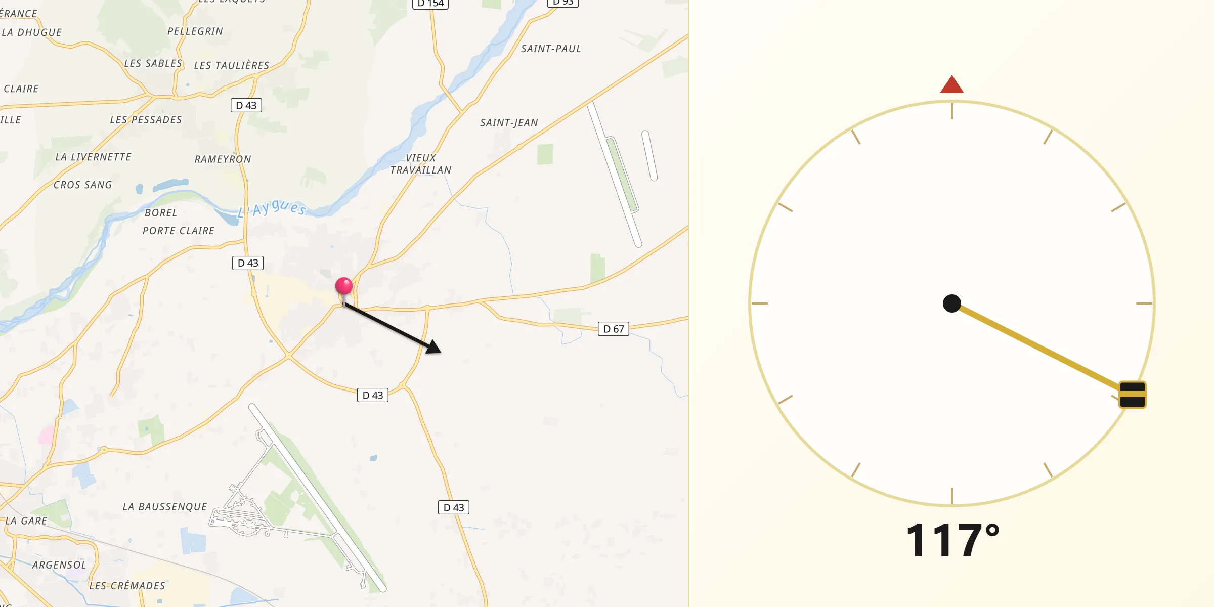 Direction vers la Qibla depuis Camaret-sur-Aigues