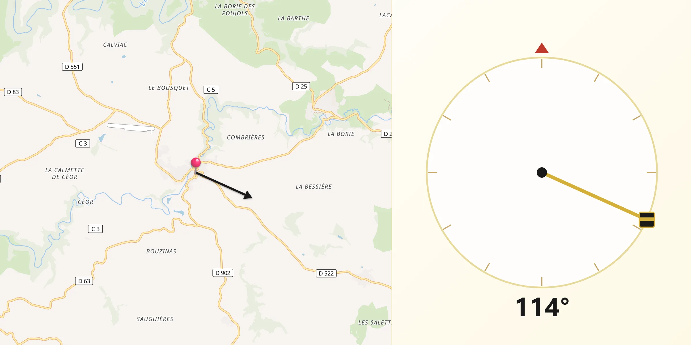 Direction vers la Qibla depuis Cassagnes-Bégonhès