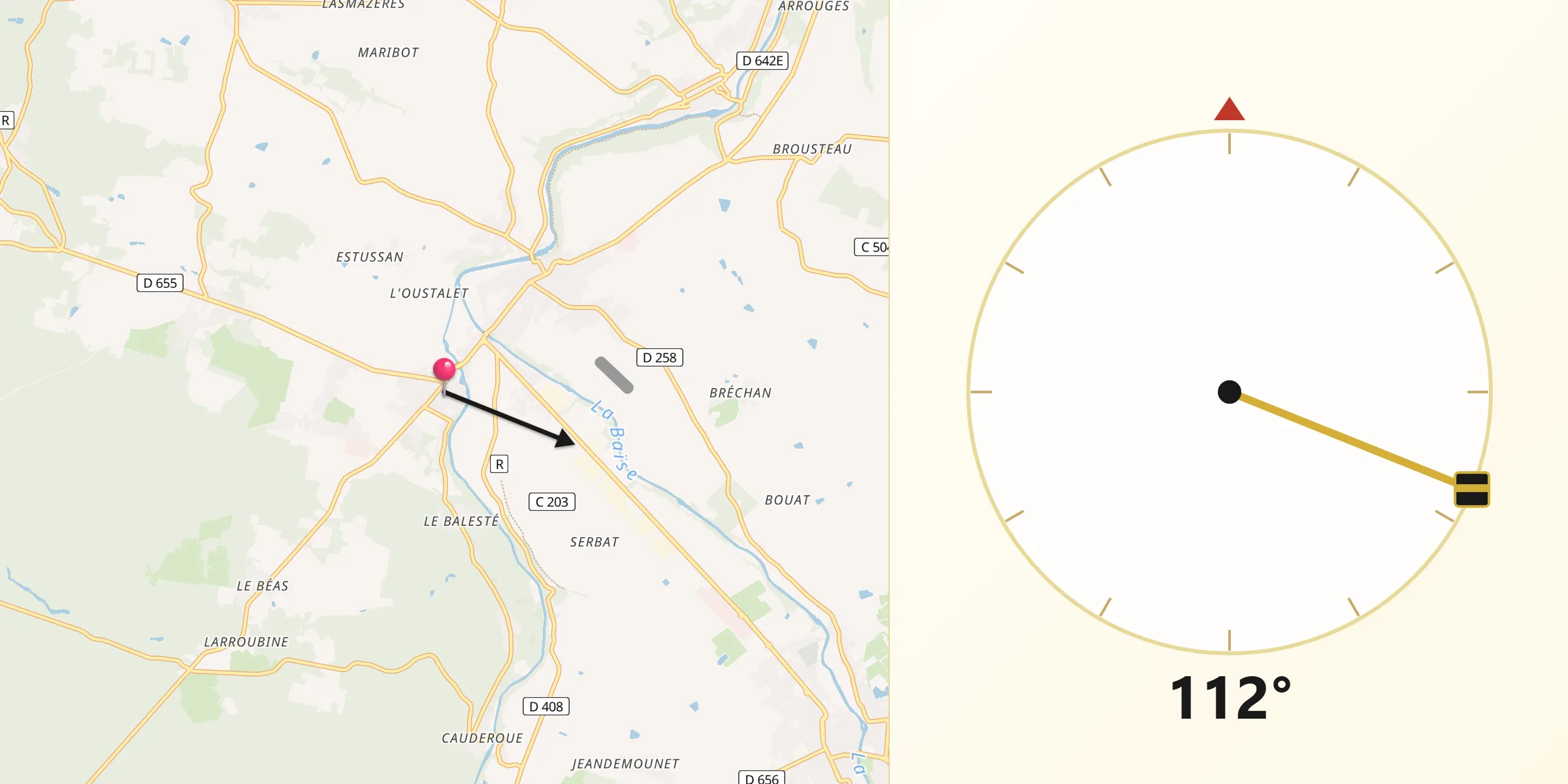 Direction vers la Qibla depuis Barbaste