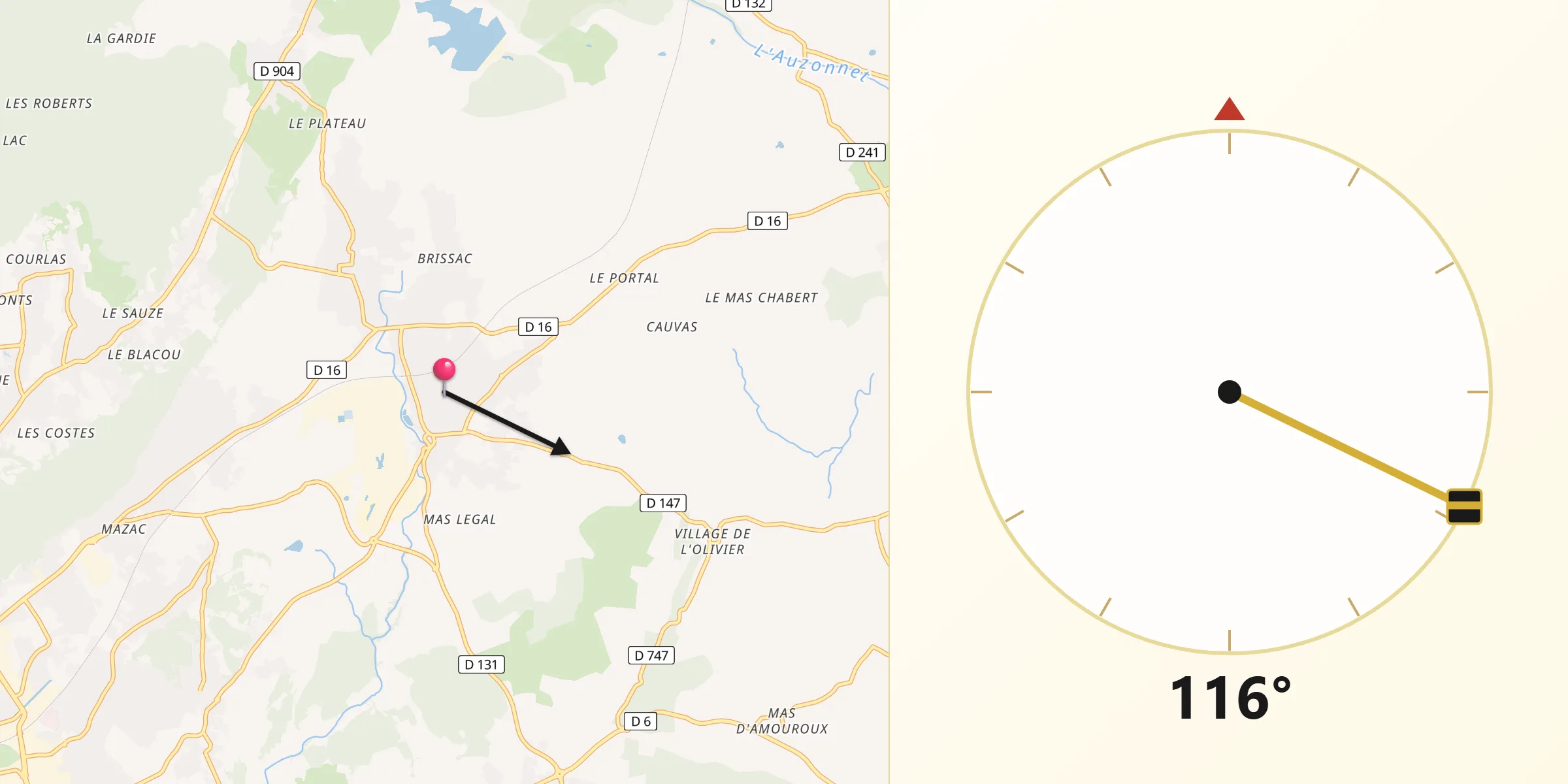 Direction vers la Qibla depuis Salindres