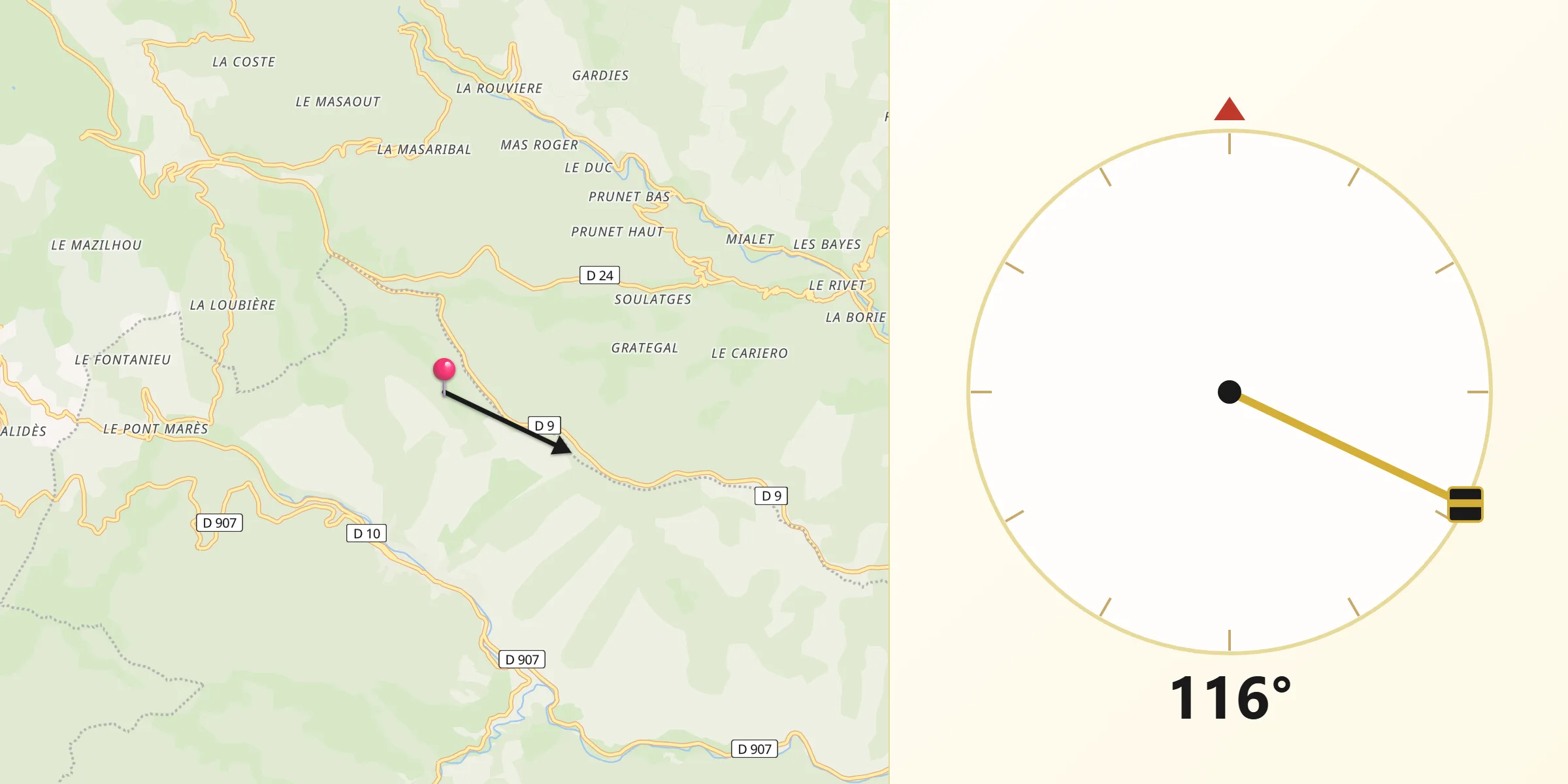 Direction vers la Qibla depuis Saint-Étienne-Vallée-Française