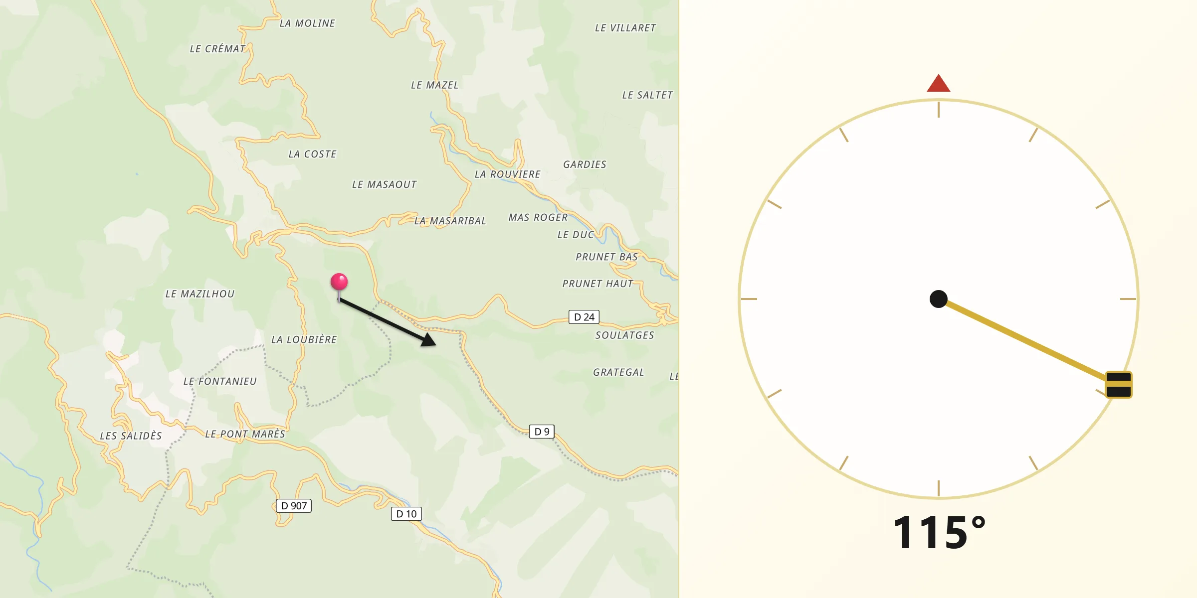 Direction vers la Qibla depuis Sainte-Croix-Vallée-Française