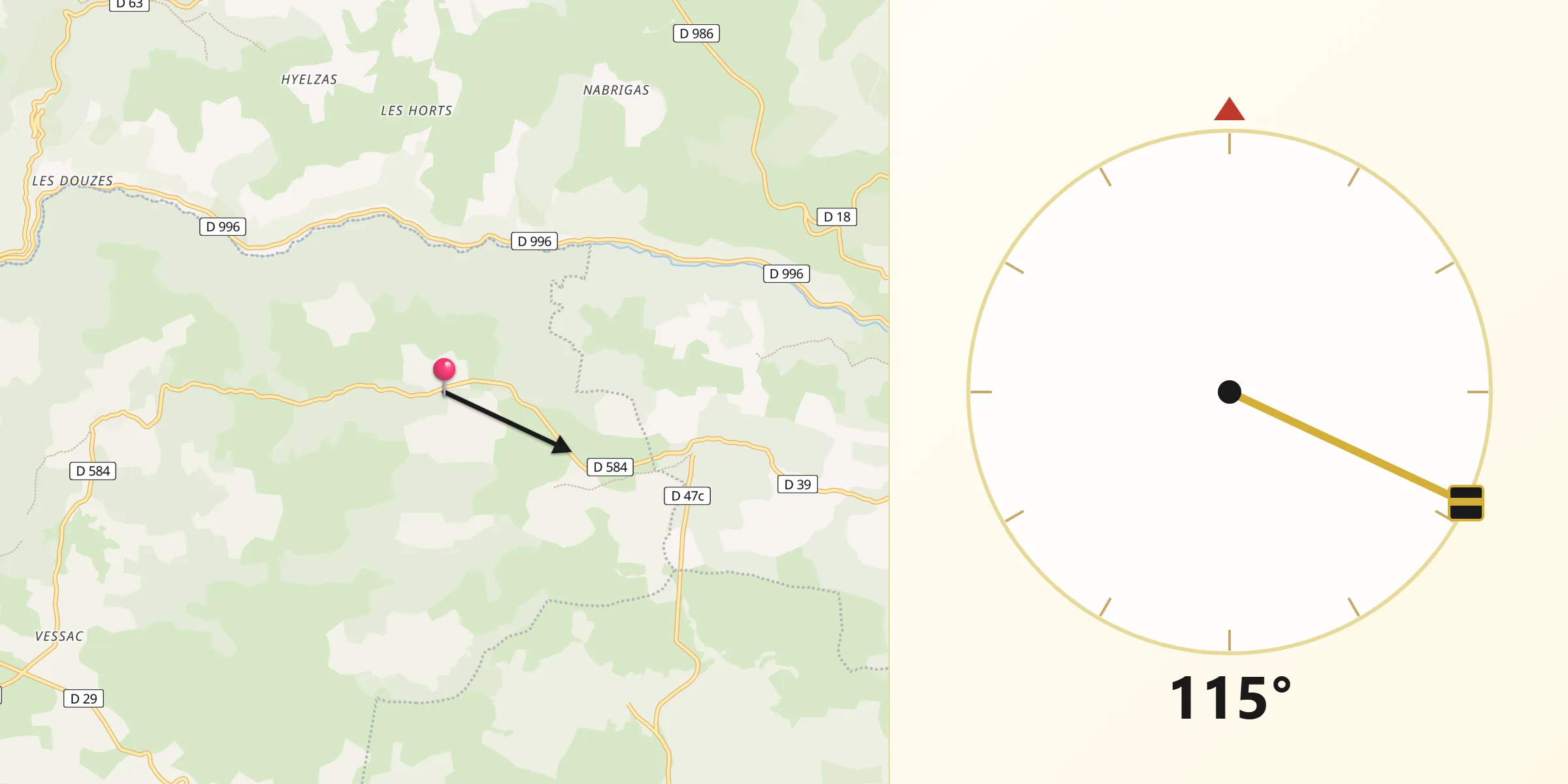 Direction vers la Qibla depuis Gatuzières