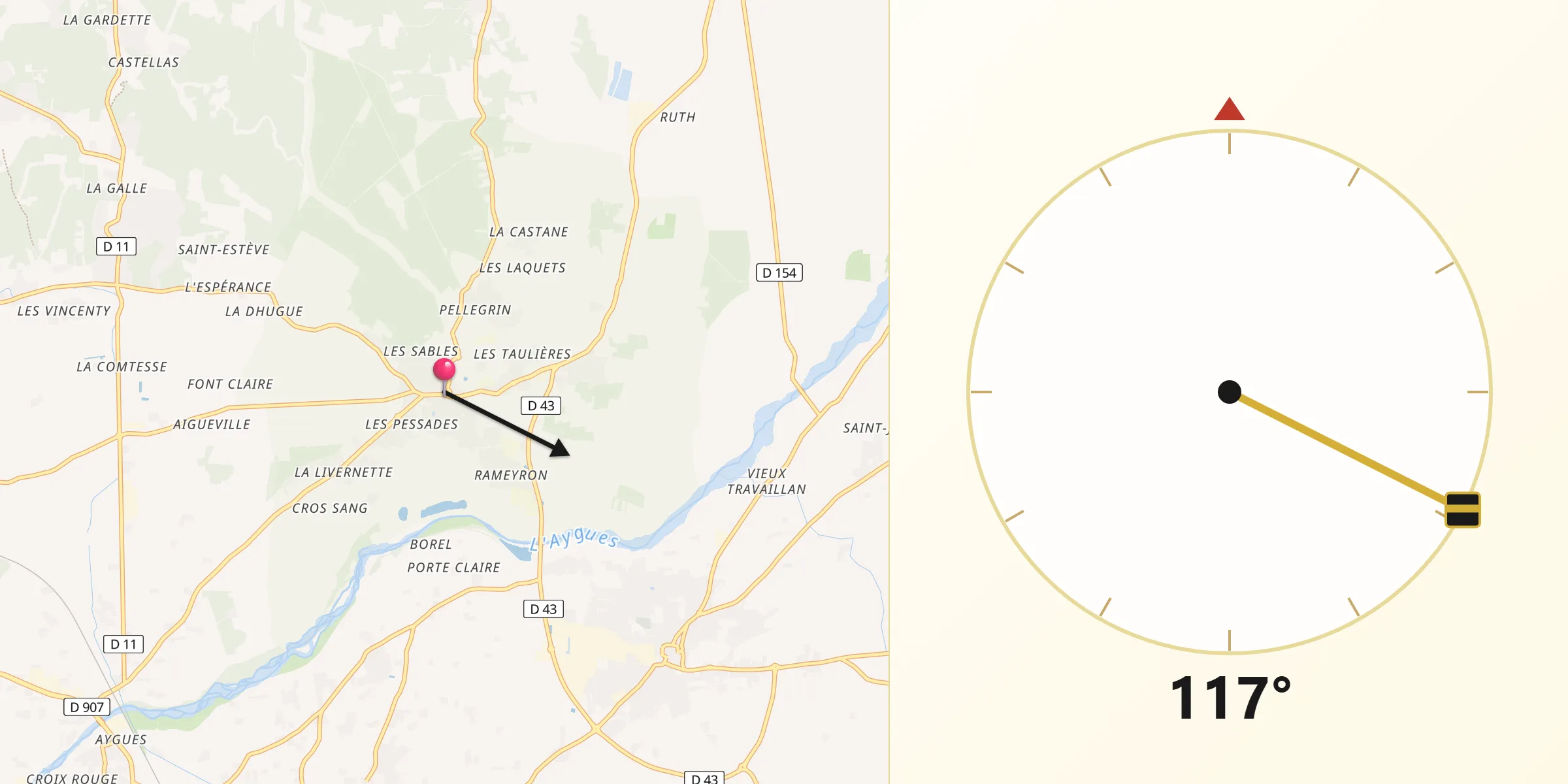 Direction vers la Qibla depuis Sérignan-du-Comtat