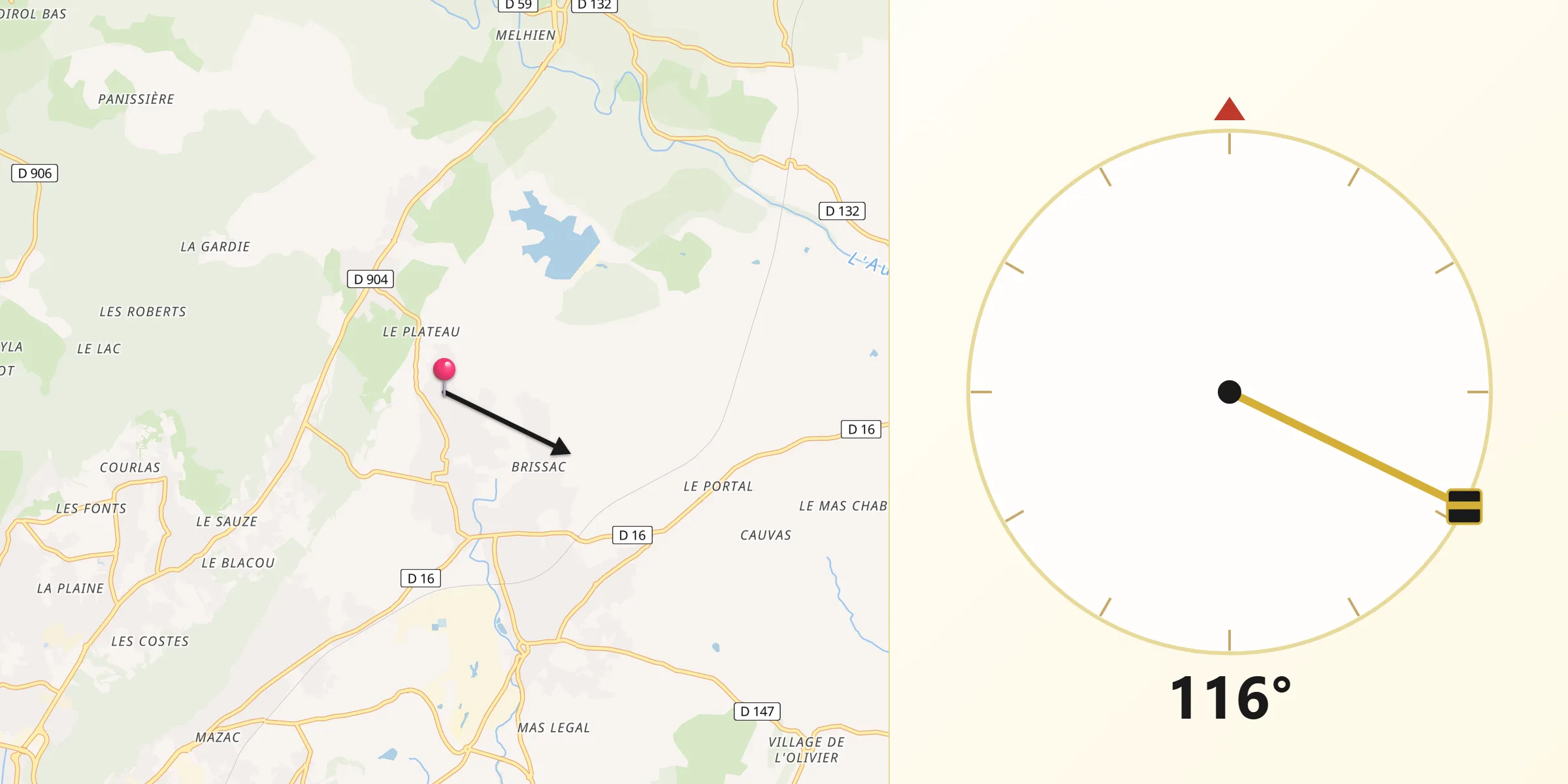 Direction vers la Qibla depuis Rousson
