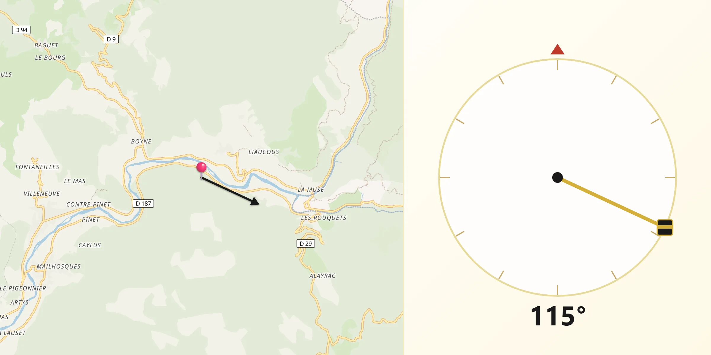 Direction vers la Qibla depuis Le Rozier