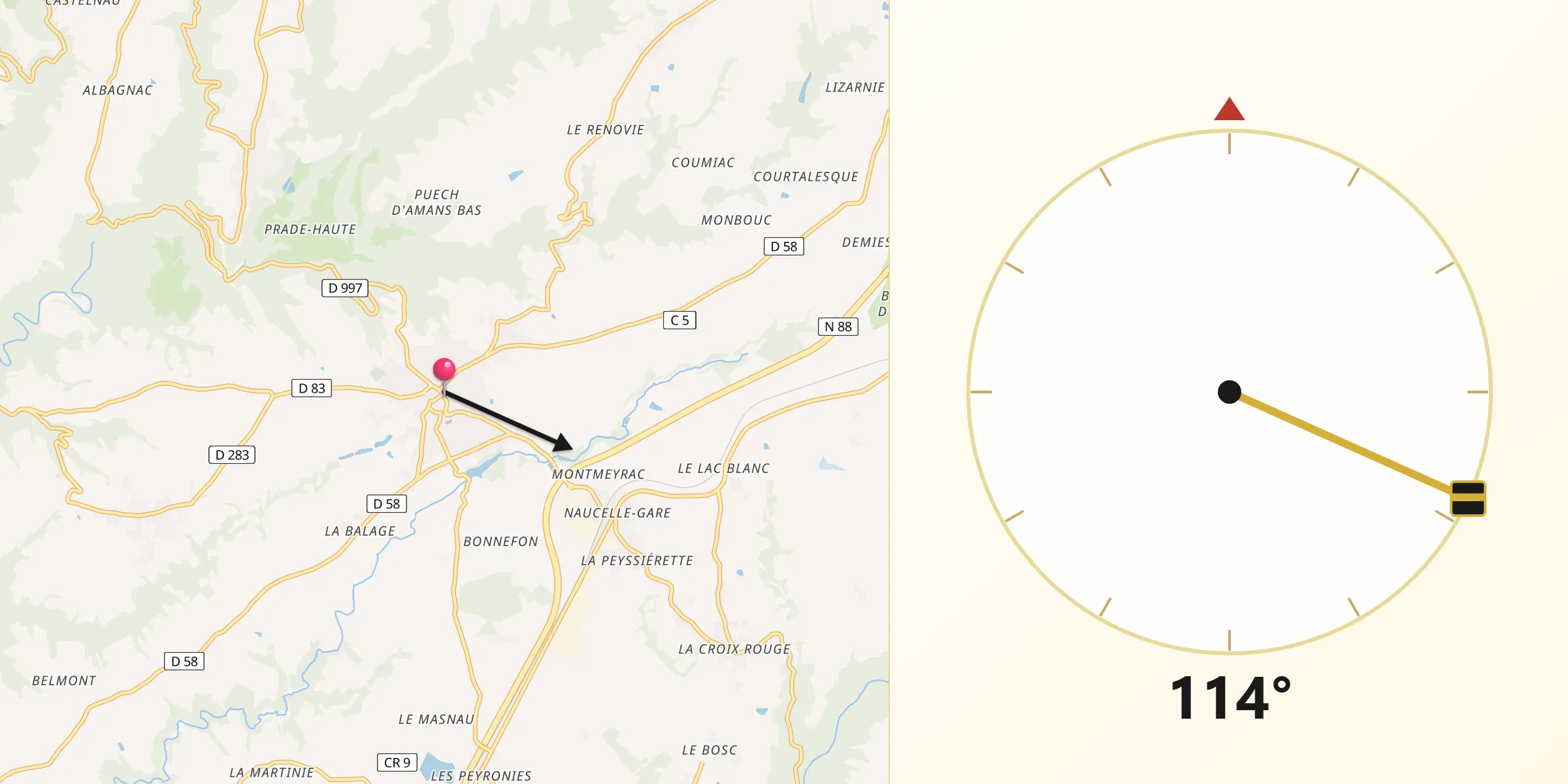 Direction vers la Qibla depuis Naucelle