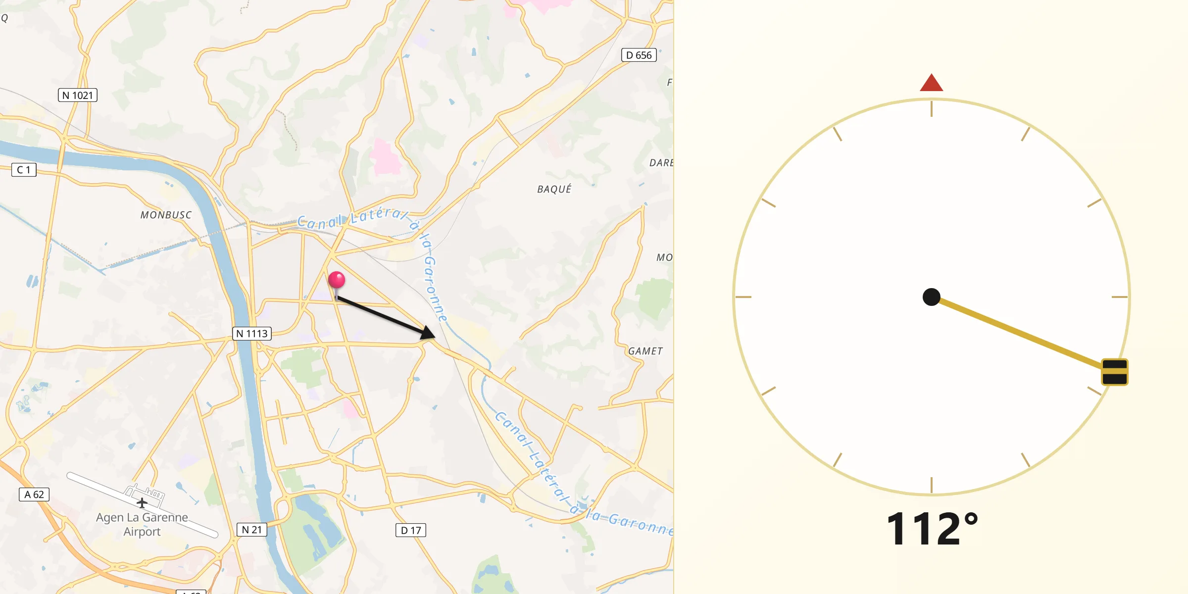 Direction vers la Qibla depuis Agen