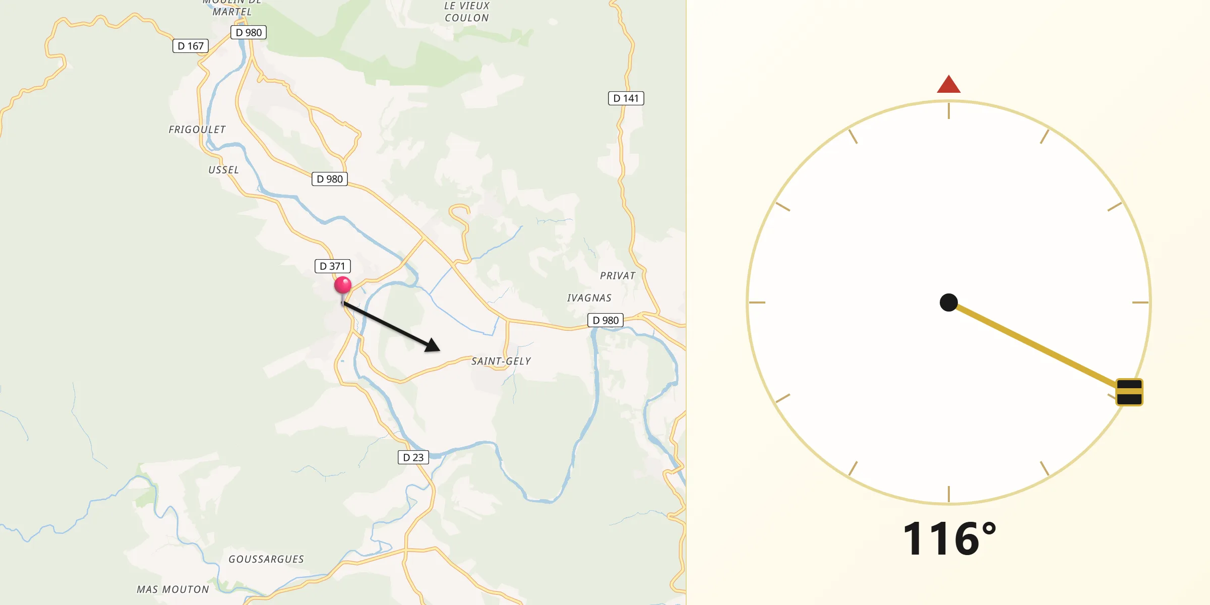 Direction vers la Qibla depuis Goudargues