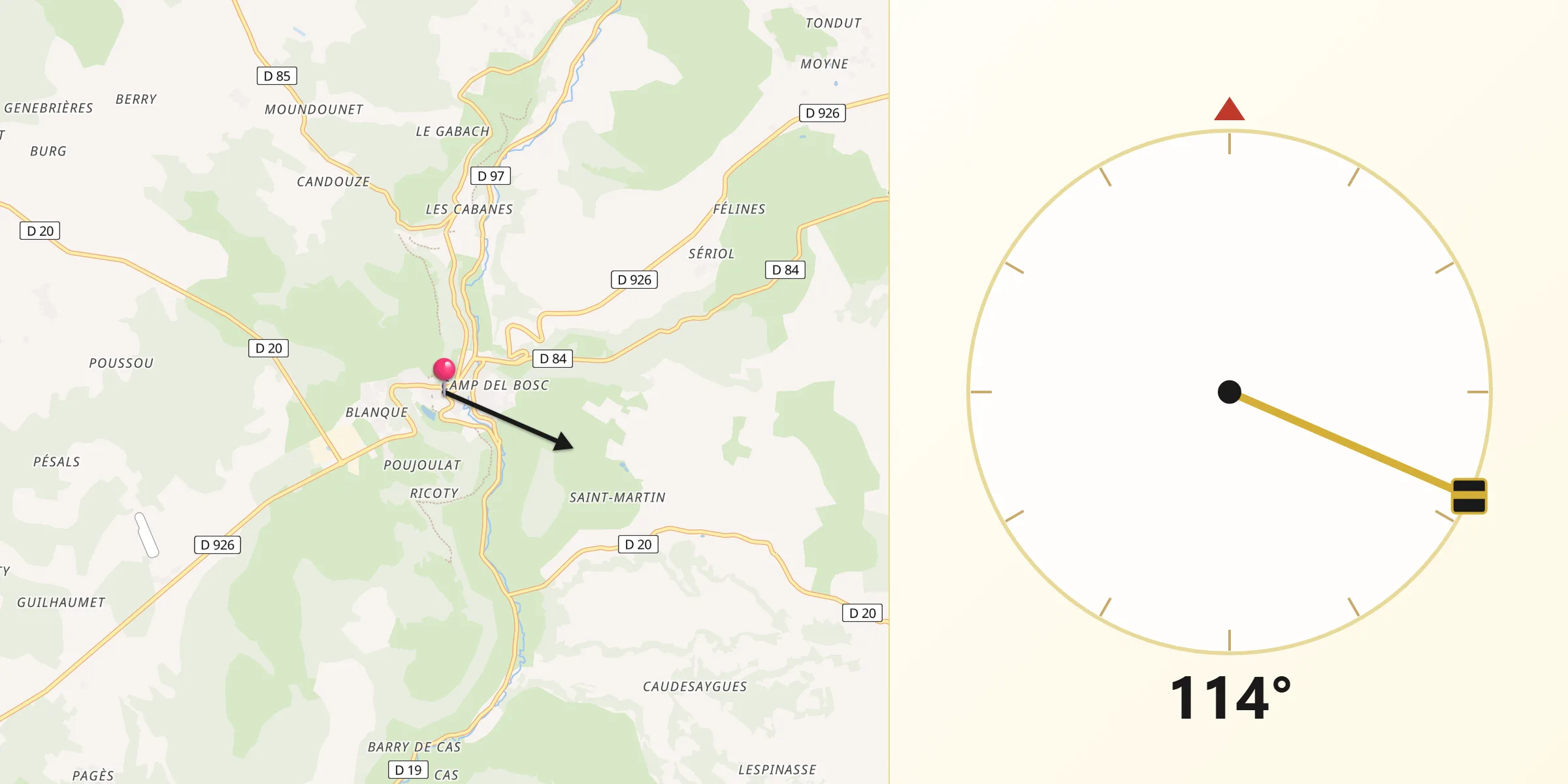 Direction vers la Qibla depuis Caylus