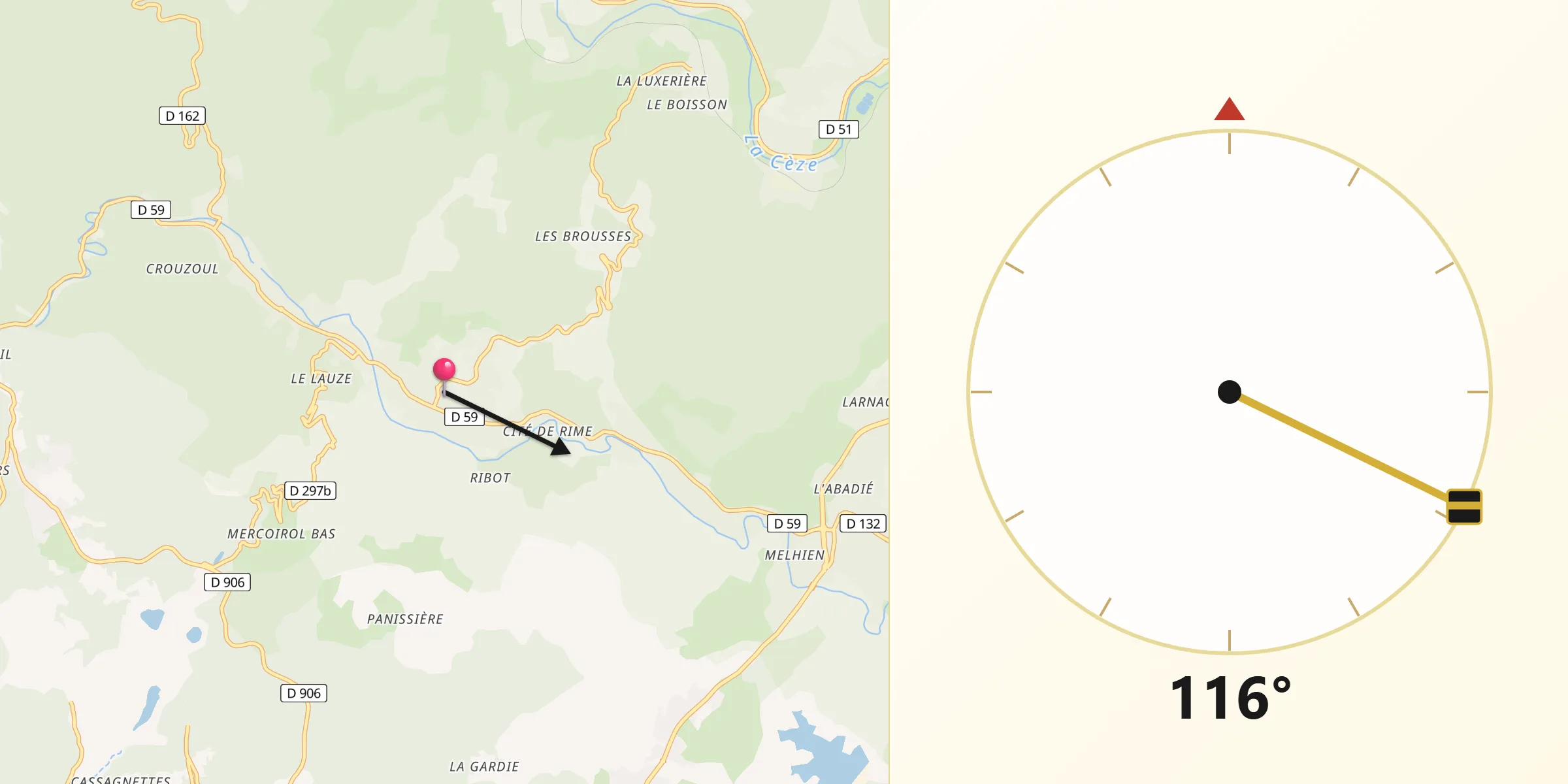 Direction vers la Qibla depuis Saint-Florent-sur-Auzonnet
