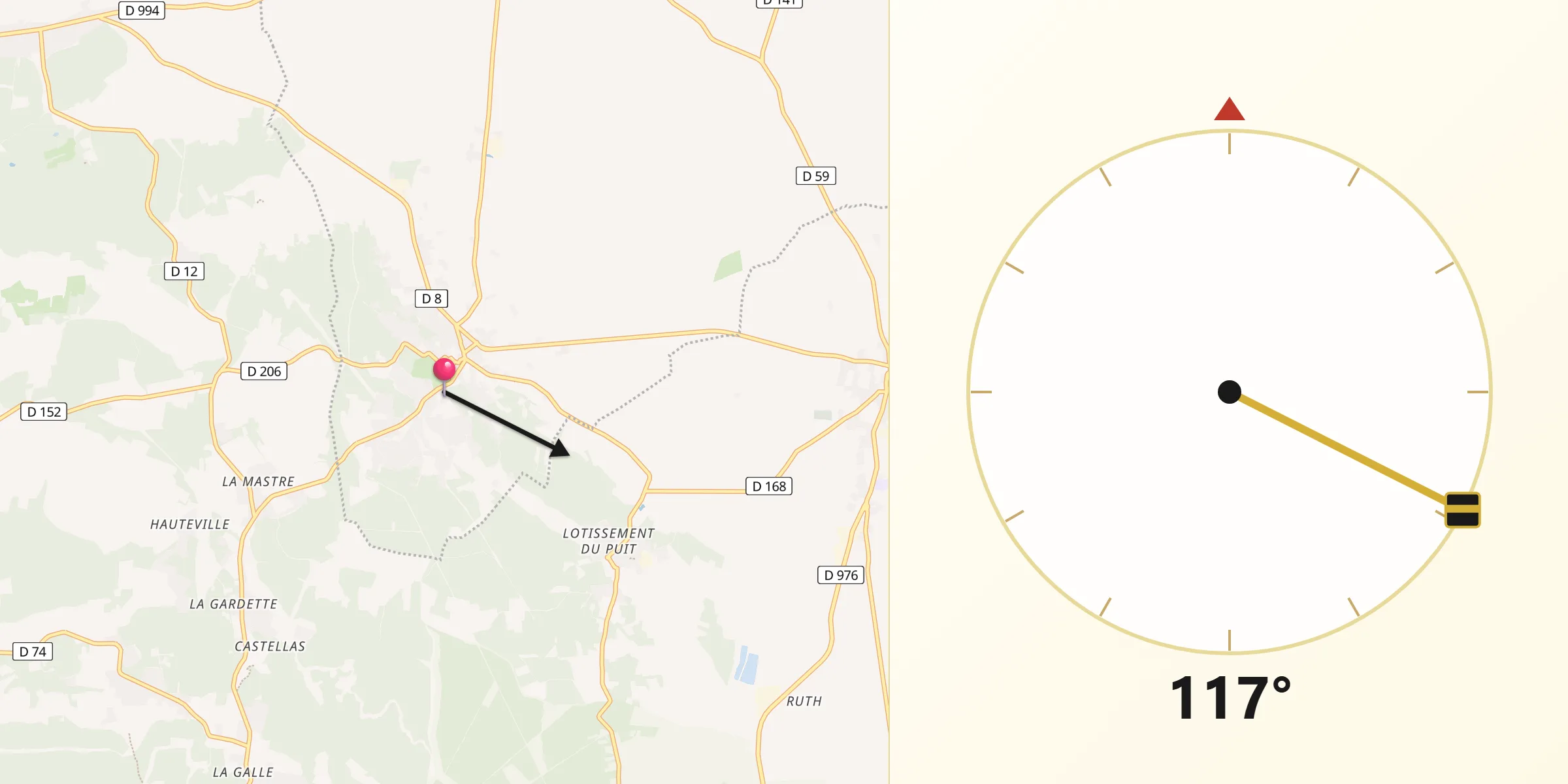 Direction vers la Qibla depuis Rochegude