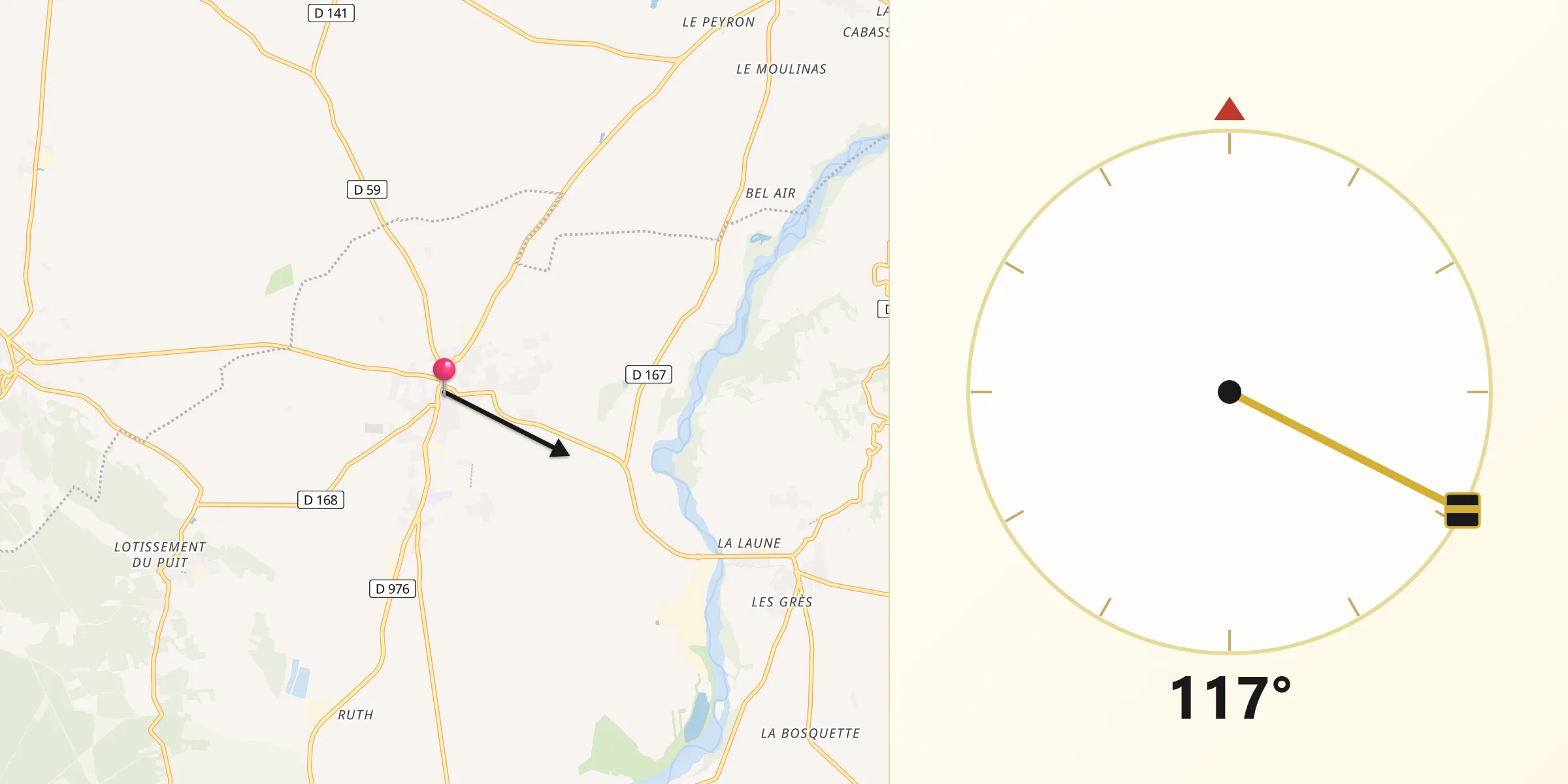 Direction vers la Qibla depuis Sainte-Cécile-les-Vignes