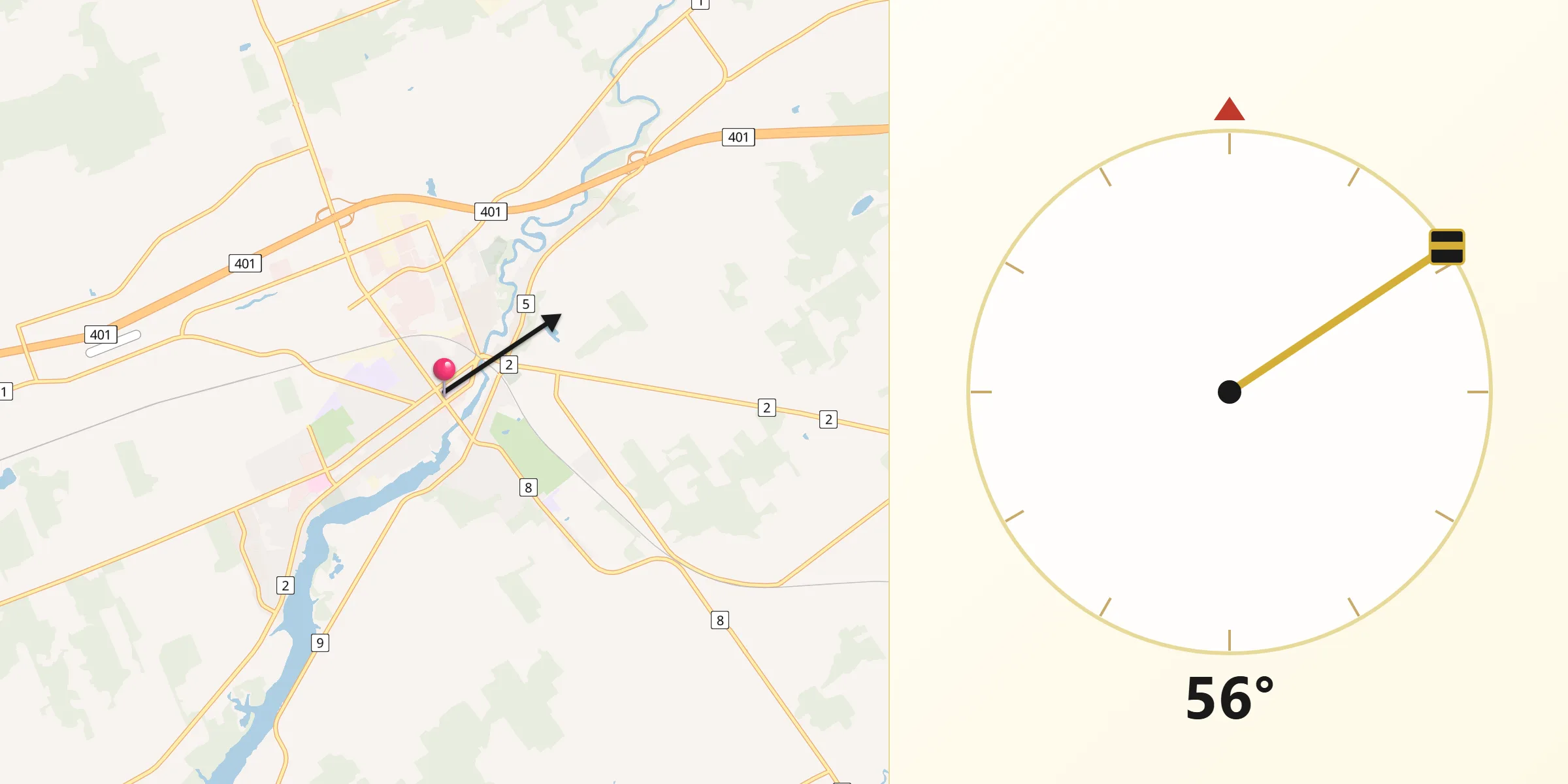 Qibla Direction from Napanee Downtown