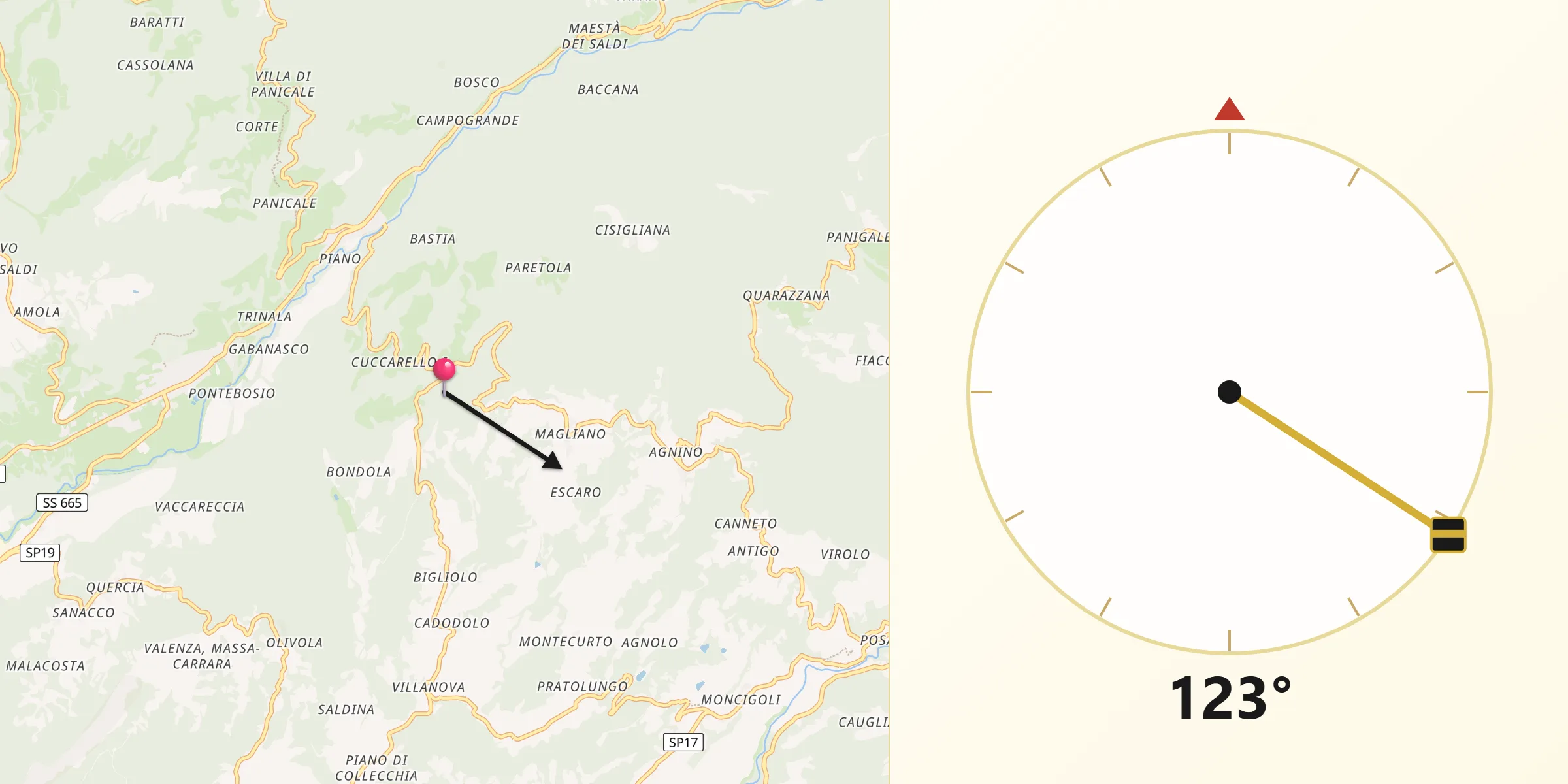 Direzione della Qibla da Provincia di Massa-Carrara