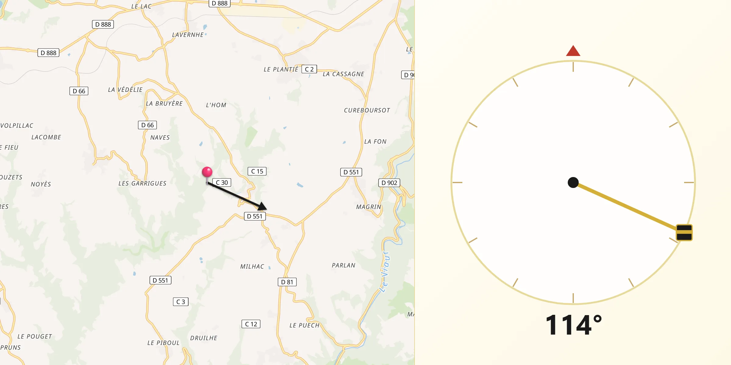 Direction vers la Qibla depuis Département de l'Aveyron
