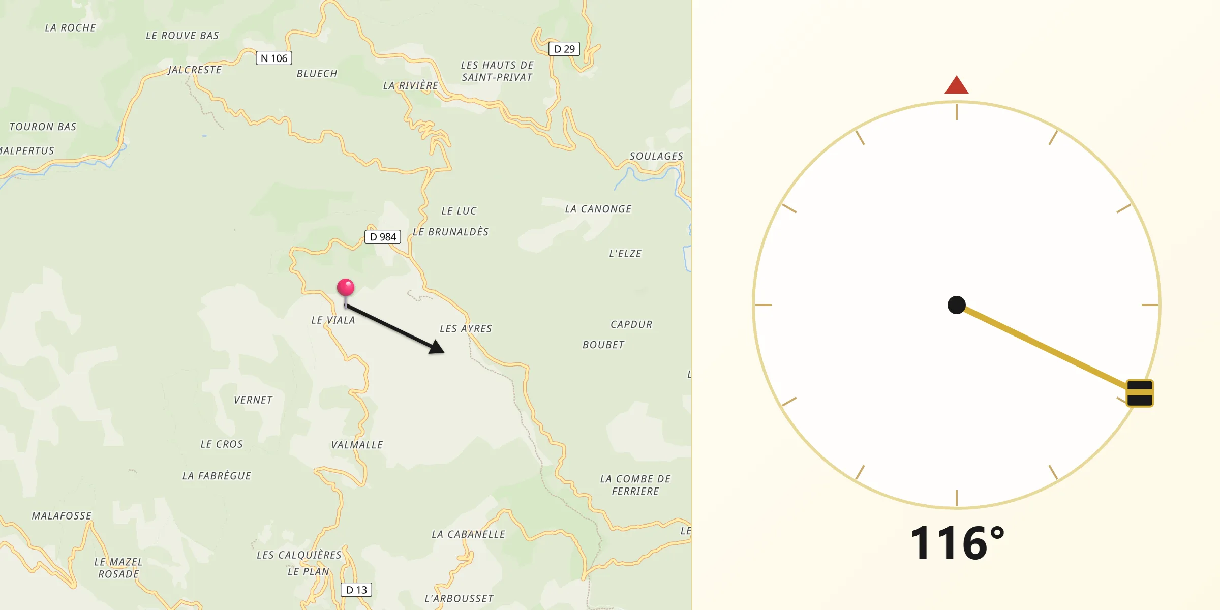 Direction vers la Qibla depuis Saint-Hilaire-de-Lavit