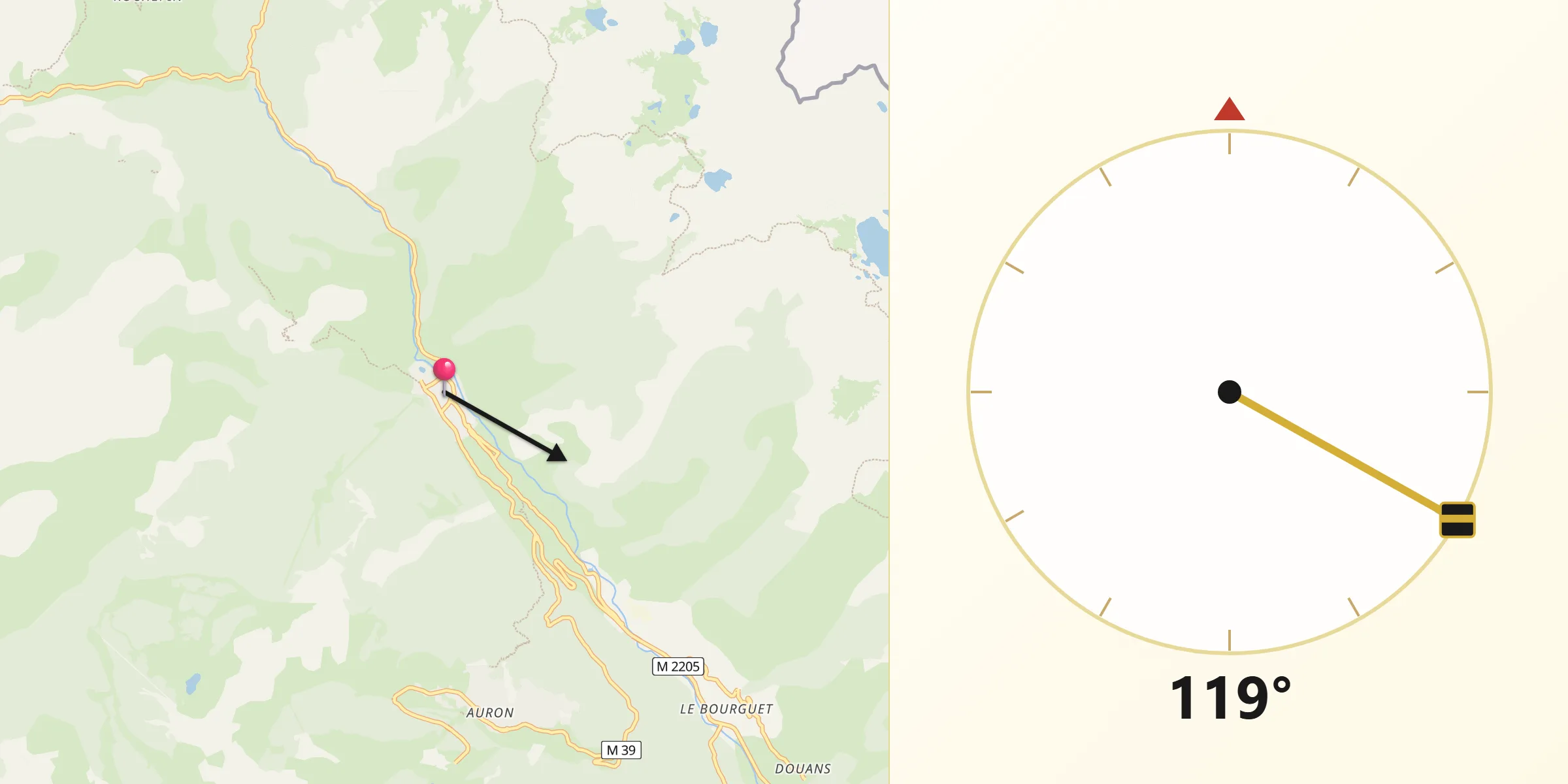 Direction vers la Qibla depuis Saint-Étienne-de-Tinée