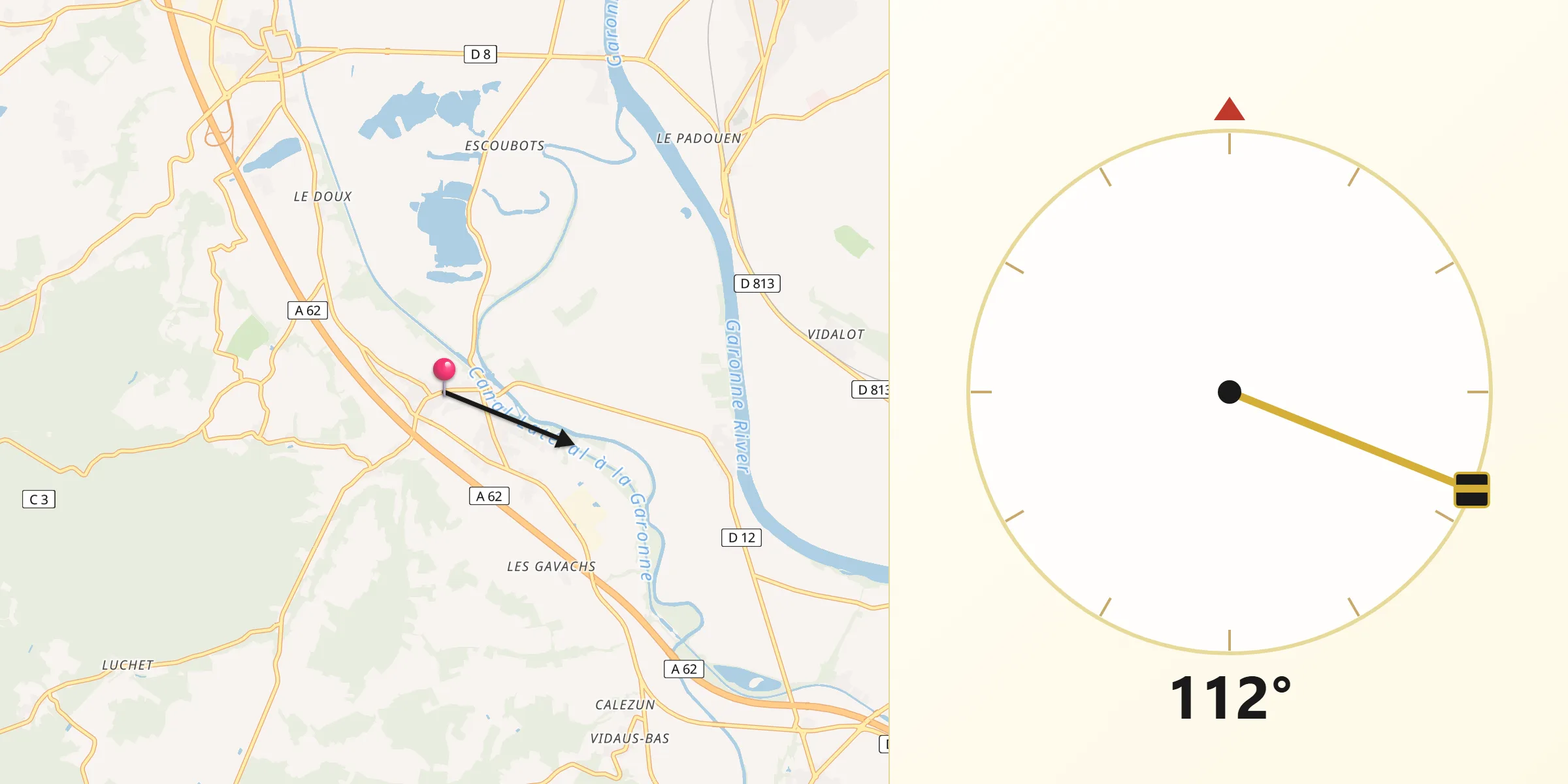 Direction vers la Qibla depuis Buzet-sur-Baïse