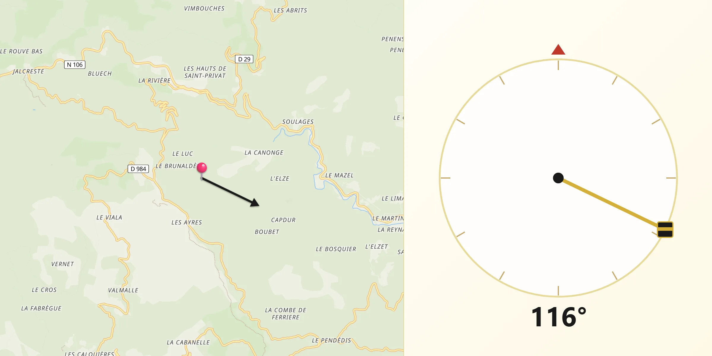Direction vers la Qibla depuis Le Collet-de-Dèze