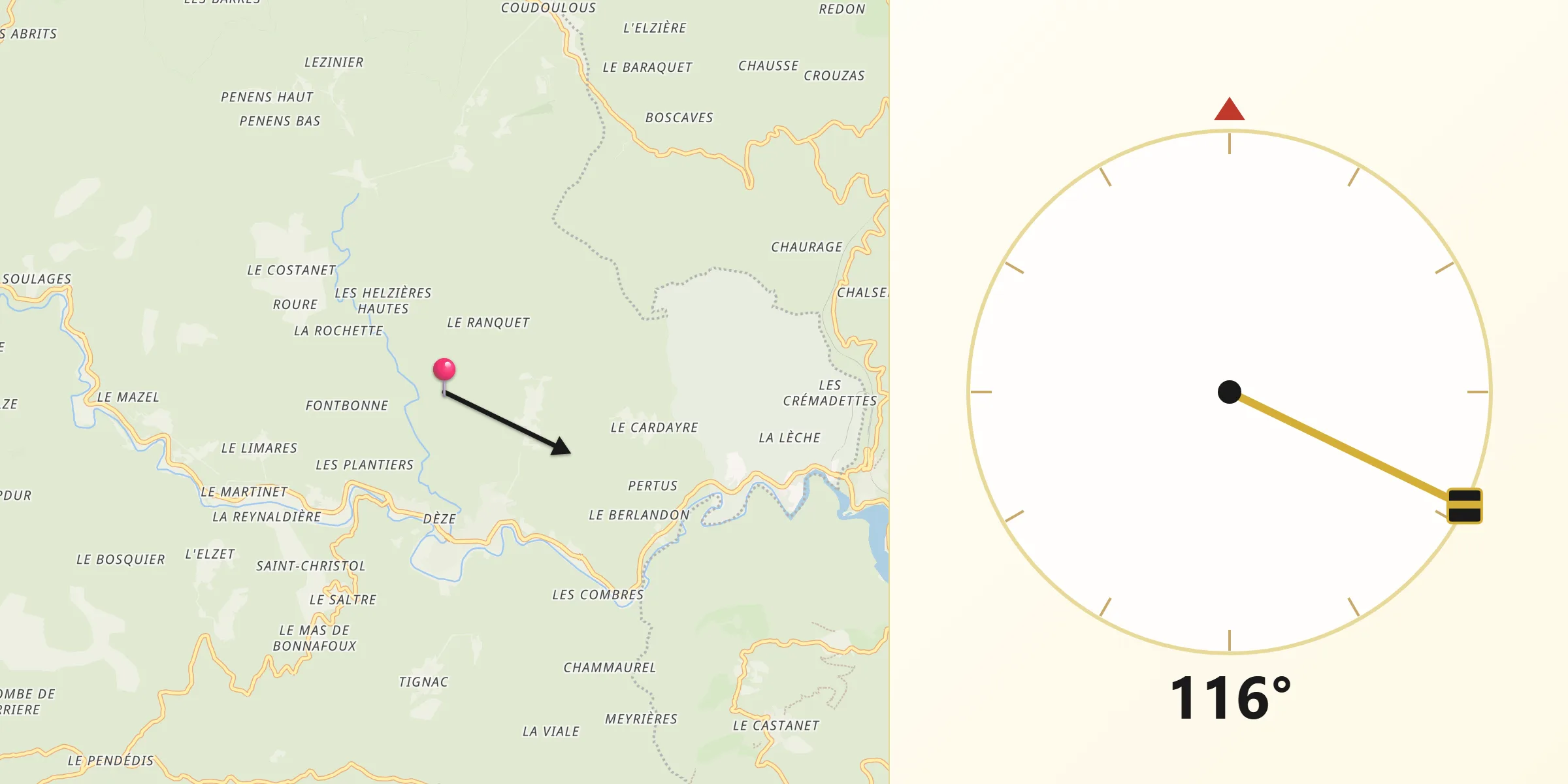 Direction vers la Qibla depuis Saint-Julien-des-Points