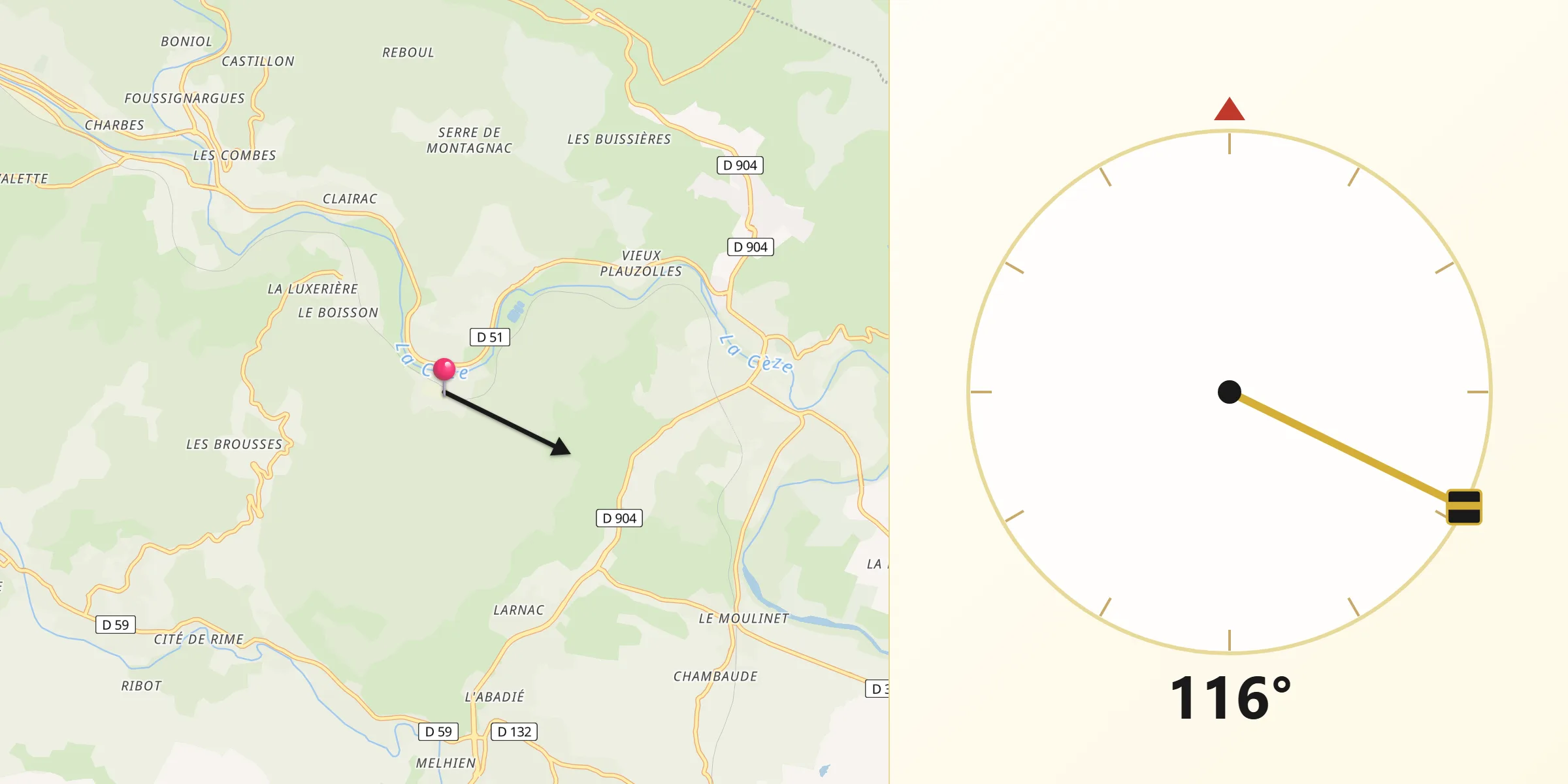 Direction vers la Qibla depuis Molières-sur-Cèze