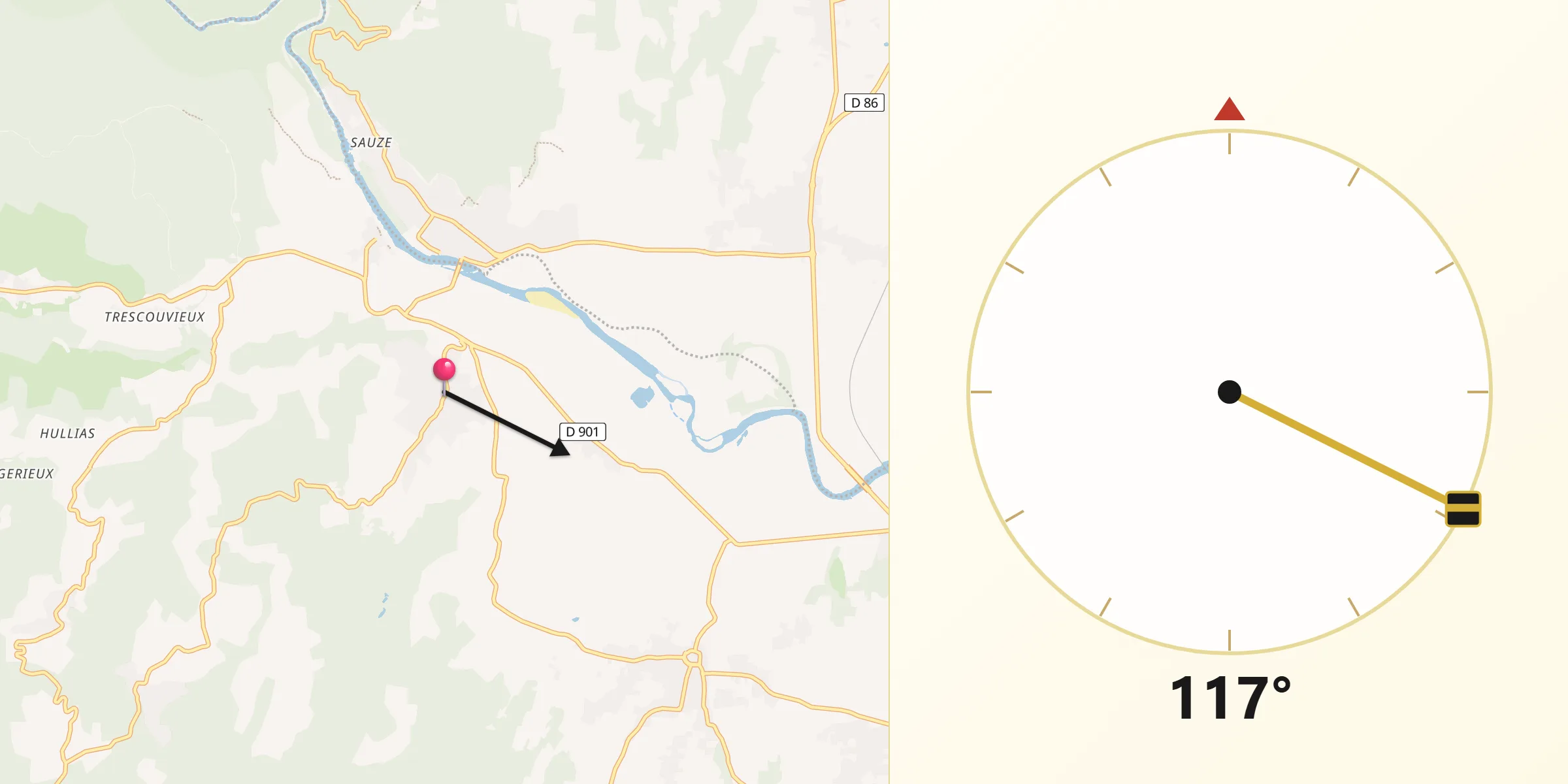 Direction vers la Qibla depuis Saint-Julien-de-Peyrolas