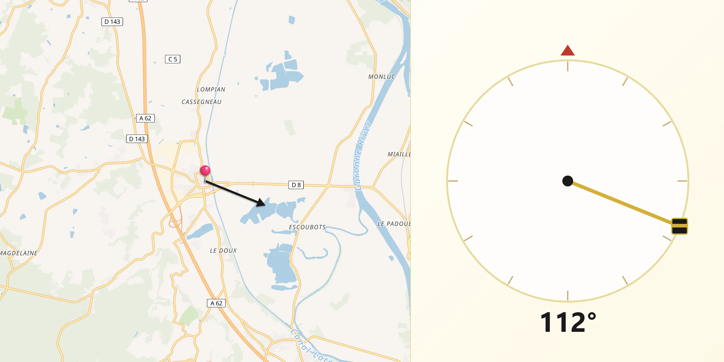 Direction vers la Qibla depuis Damazan