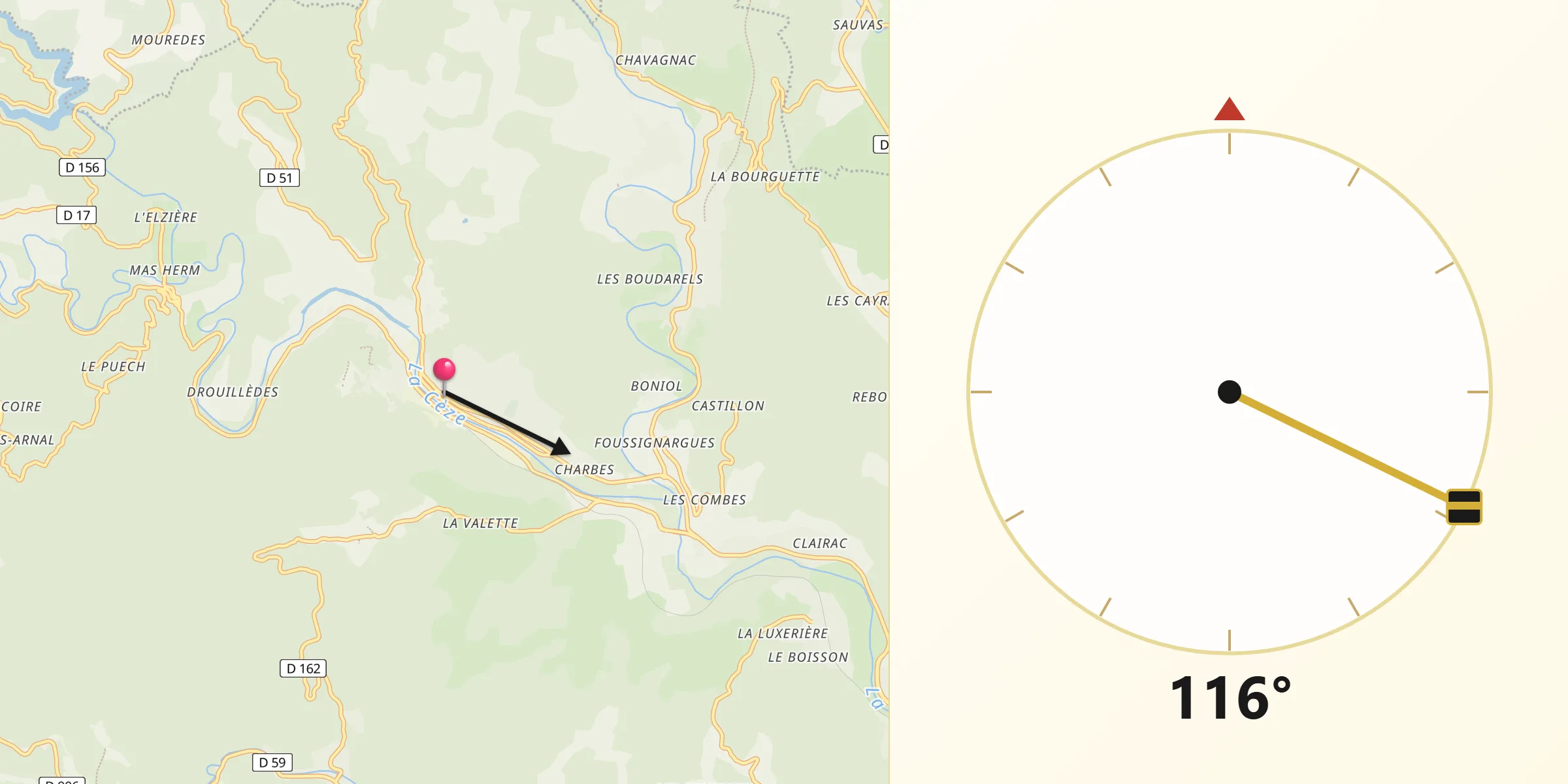 Direction vers la Qibla depuis Bessèges
