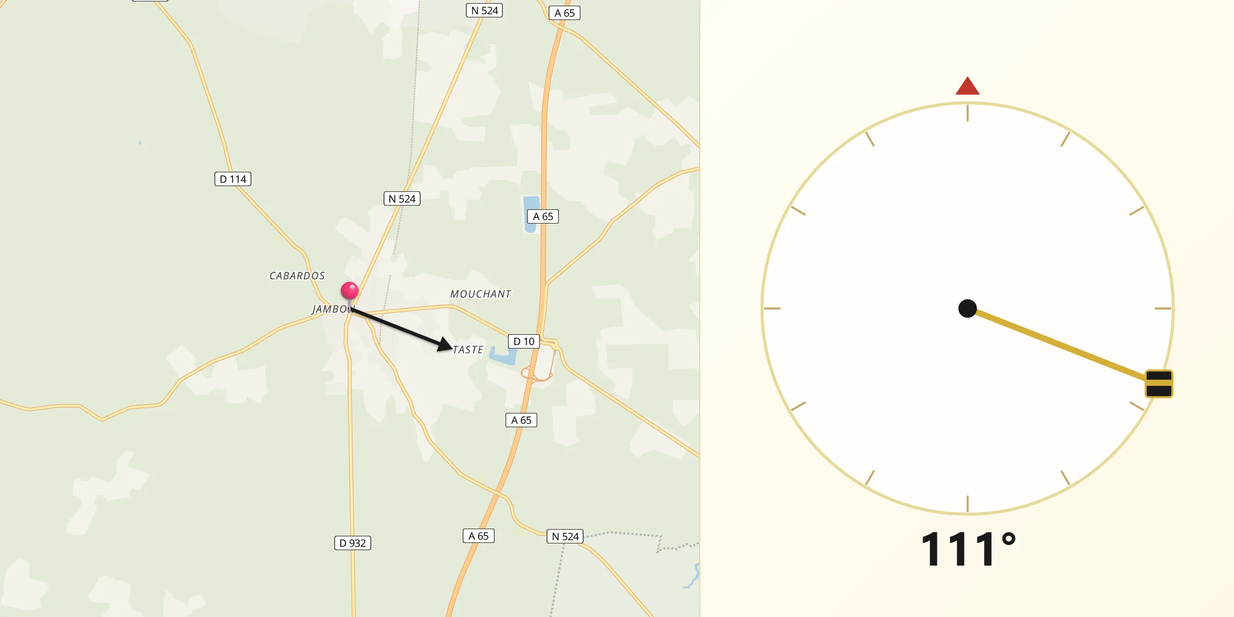 Direction vers la Qibla depuis Captieux