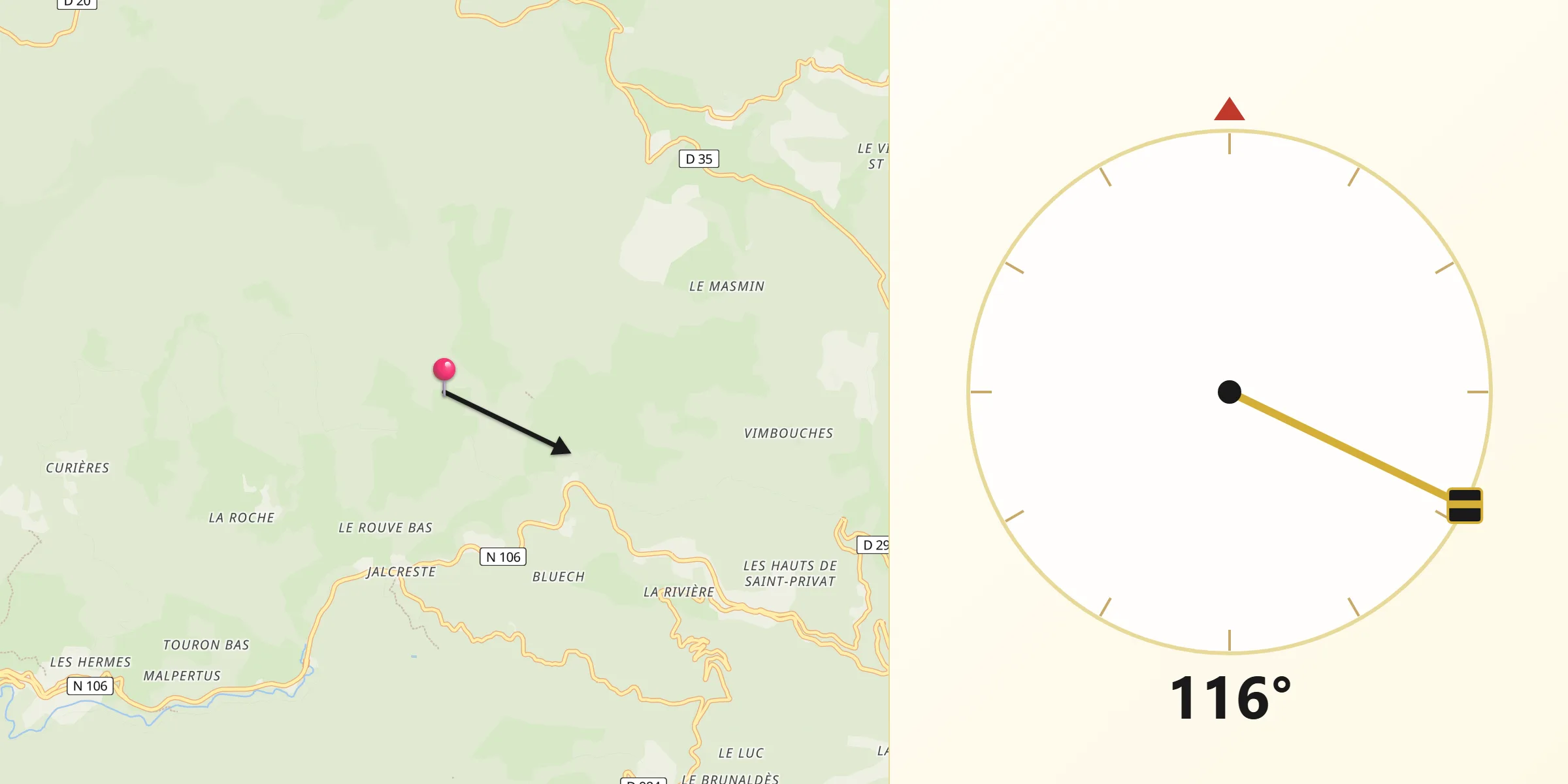 Direction vers la Qibla depuis Ventalon-en-Cévennes
