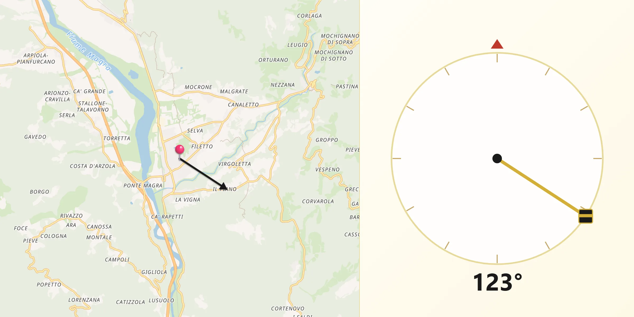 Direzione della Qibla da Villafranca in Lunigiana